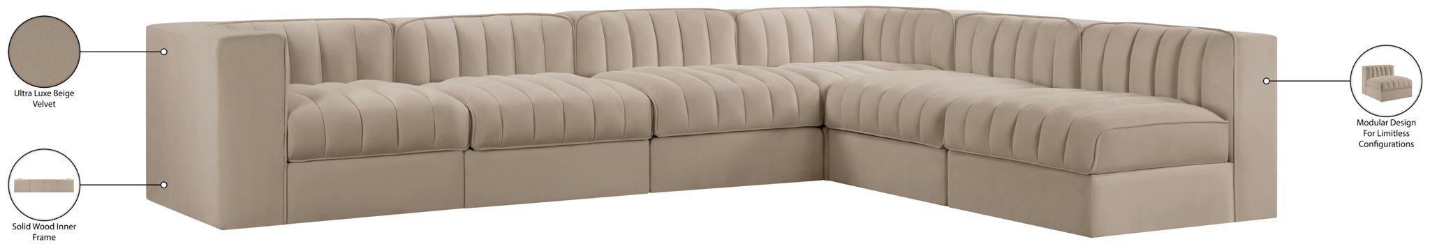 Rummi - Velvet Performance Fabric Upholstered 6 Piece Modular Sectional