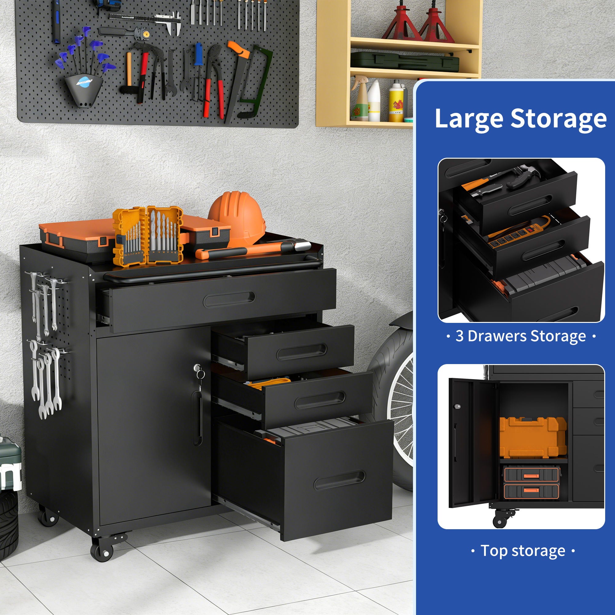 Rolling Tool Cabinet Heavy Duty Garage Storage With Lockable Doors & Drawers