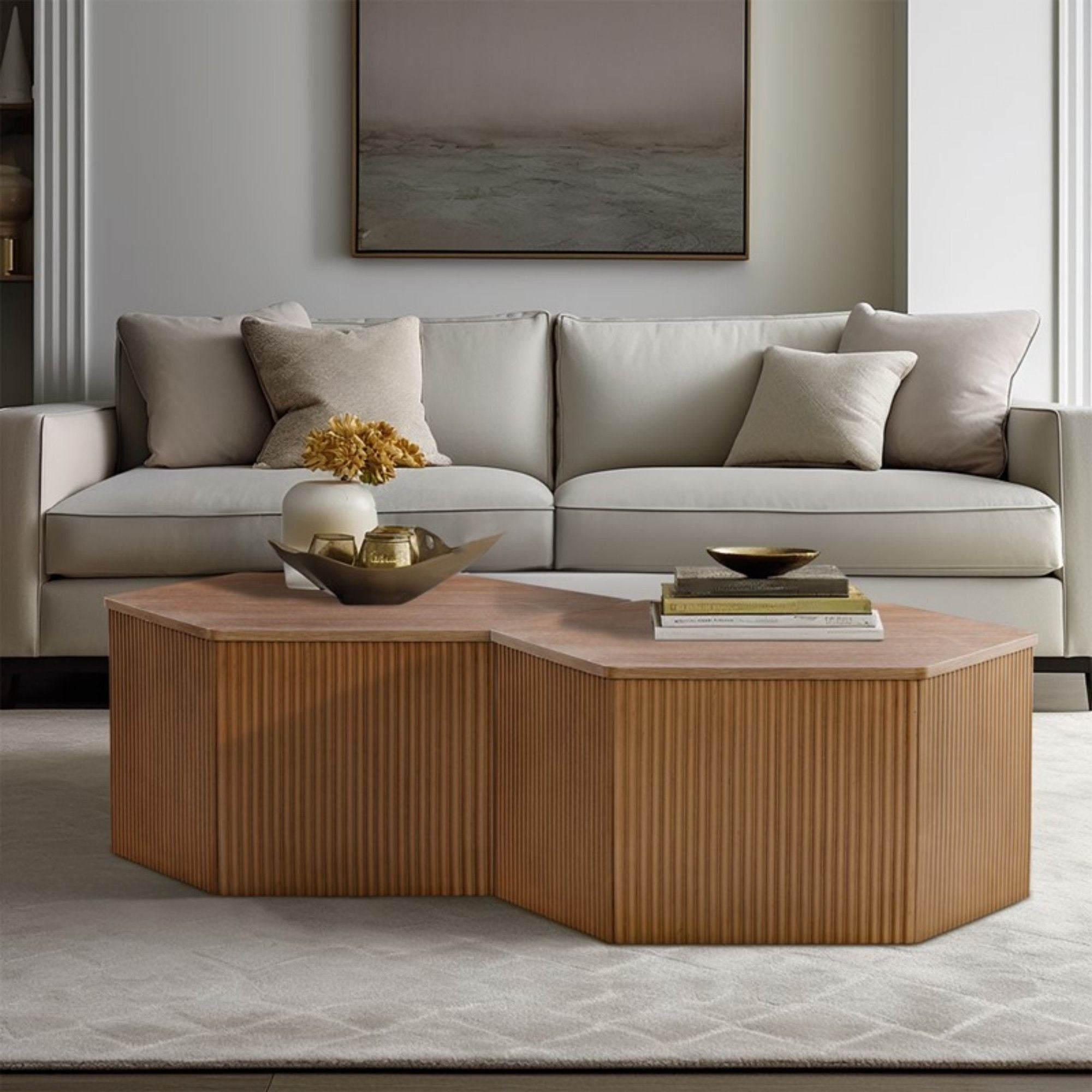 Hexagon Coffee Table With Fluted Design - Natural