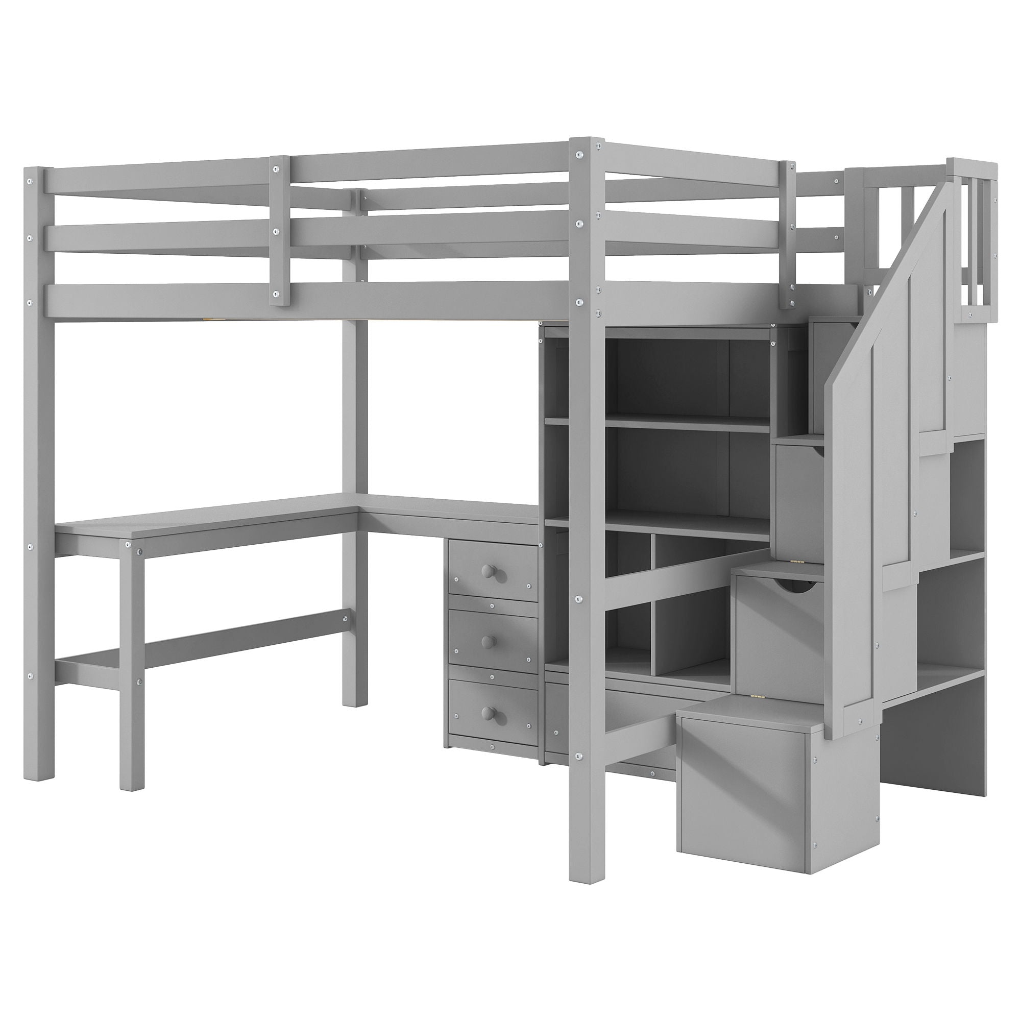 Loft Bed & L Shaped Desk, Drawers, Cabinet, And Storage Staircase