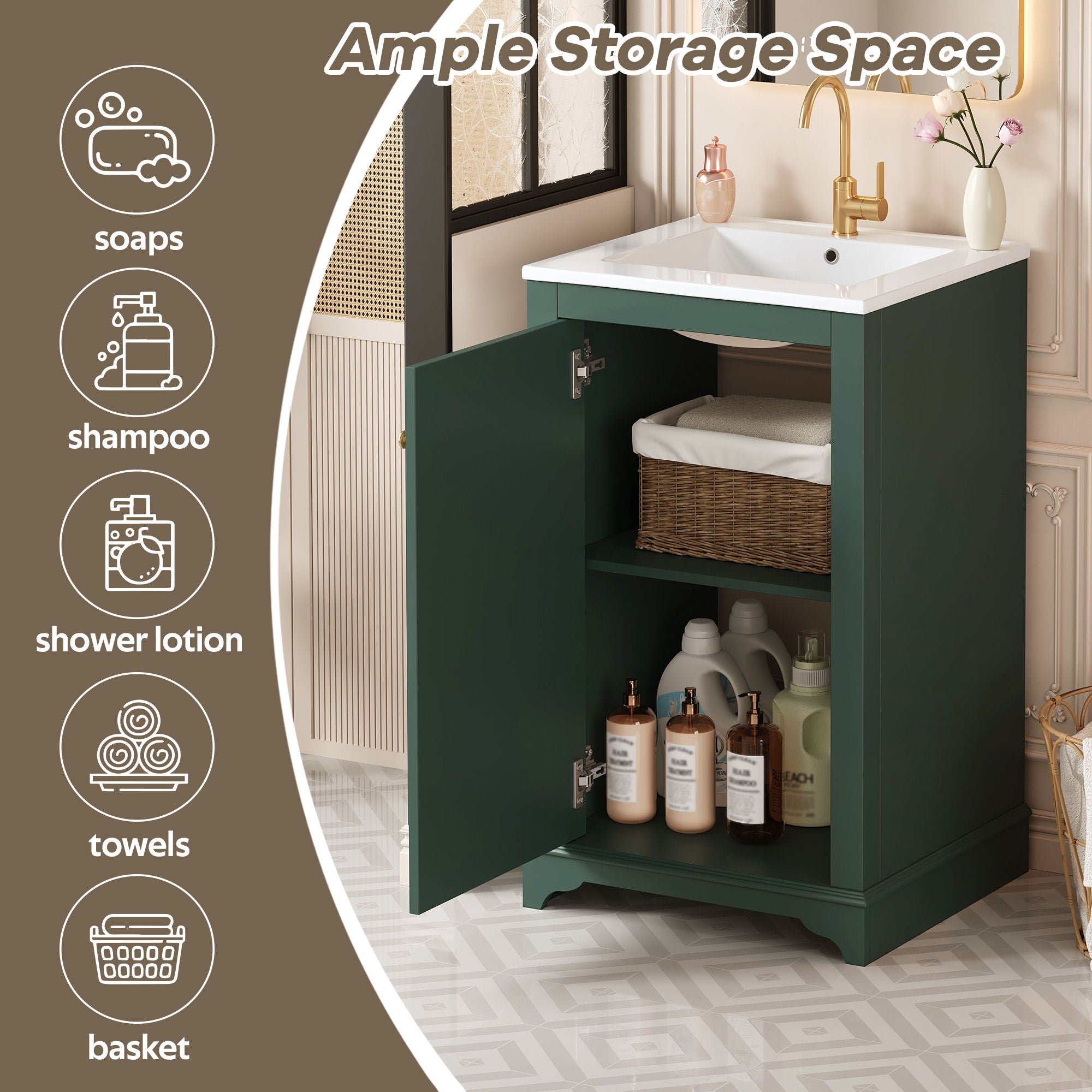 Bathroom Vanity With Sink, Freestanding Single Cabinet Set, Soft Close Door, Adjustable Shelf