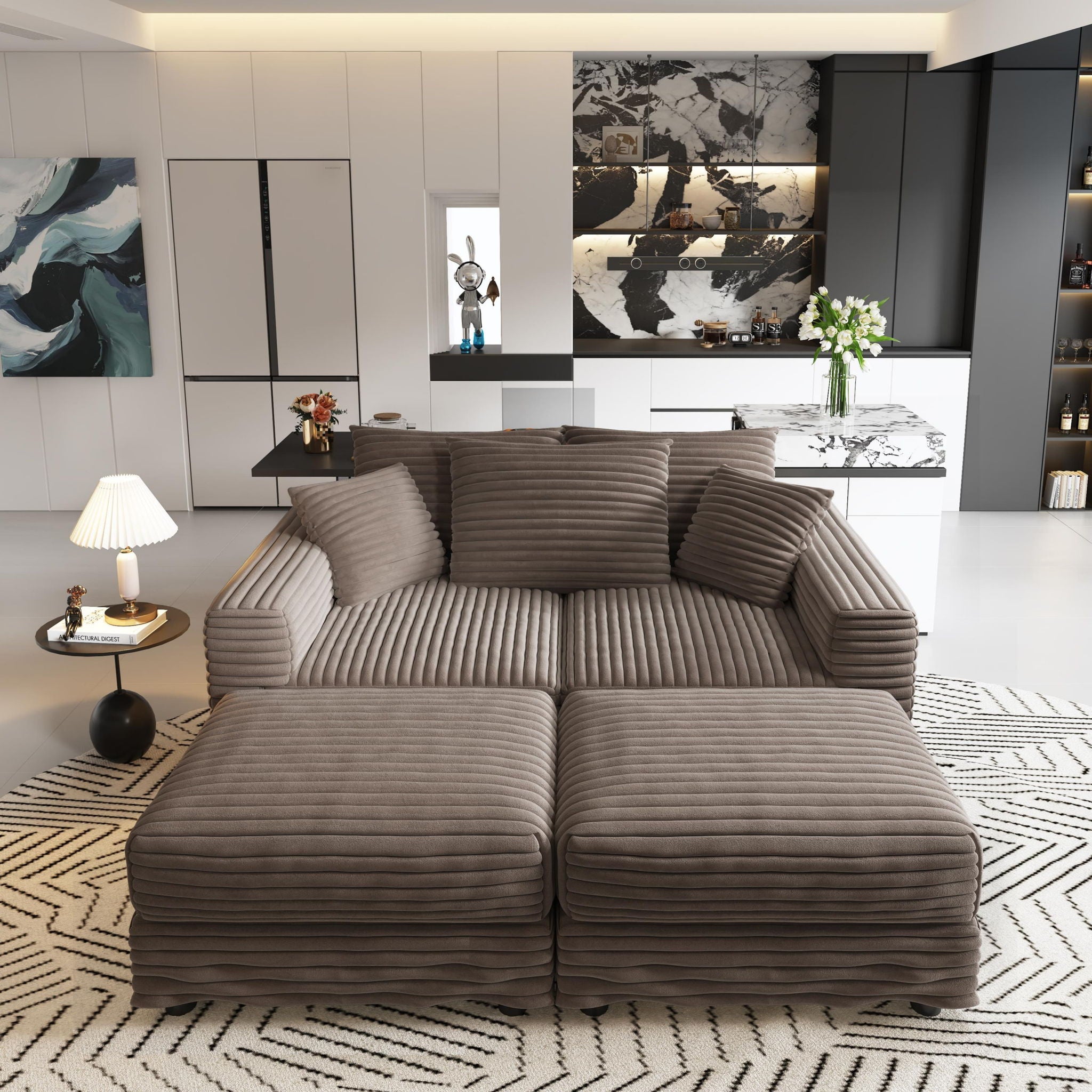 Deep Seat Convertible Sofa With Soft Pillows And Ottomans