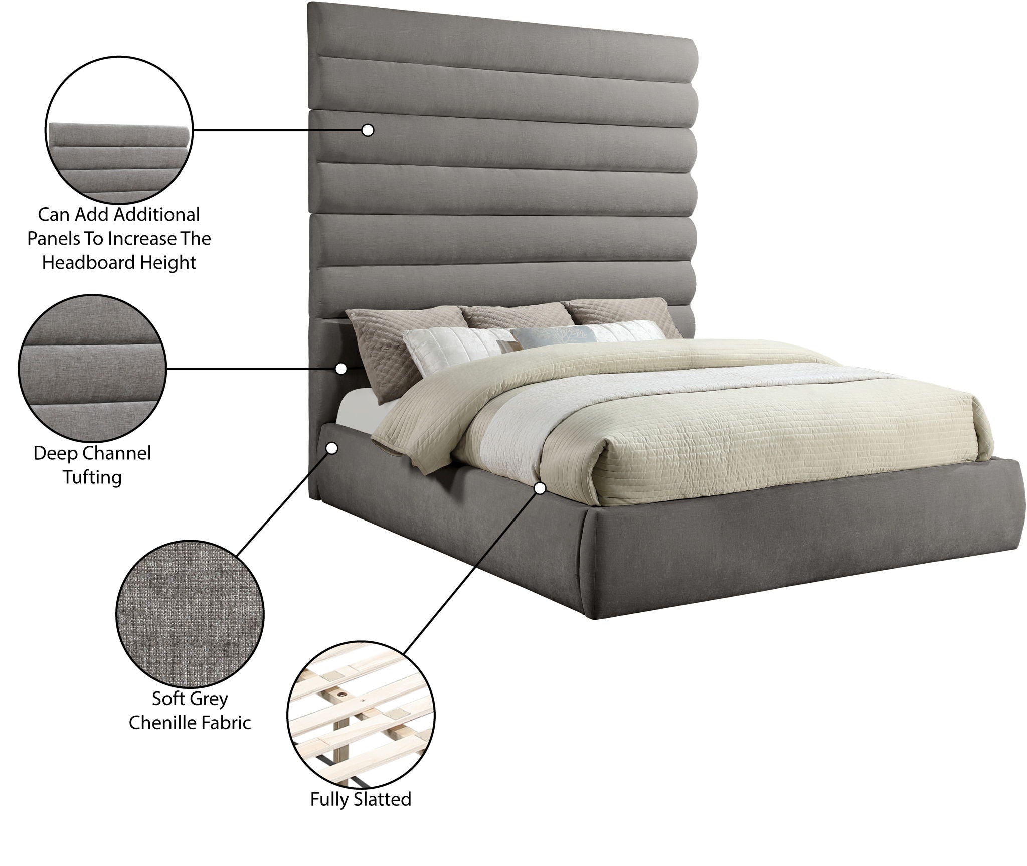 Adam - Chenille Fabric Bed With 89" Headboard