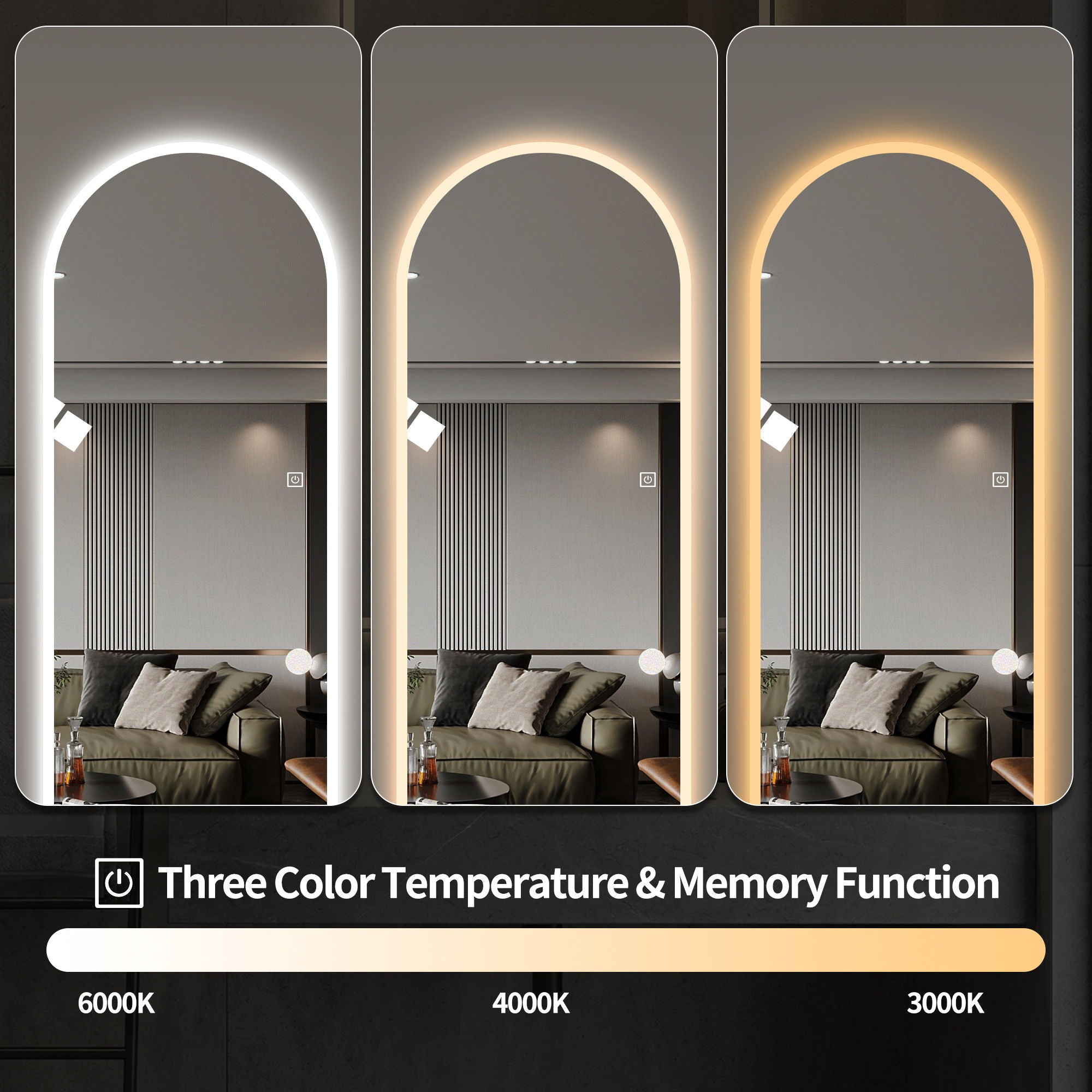 LED Full Length Wall Mirror With Symmetrical Arch Design, Dimmable 3 Color Temperature Lighting - Silver