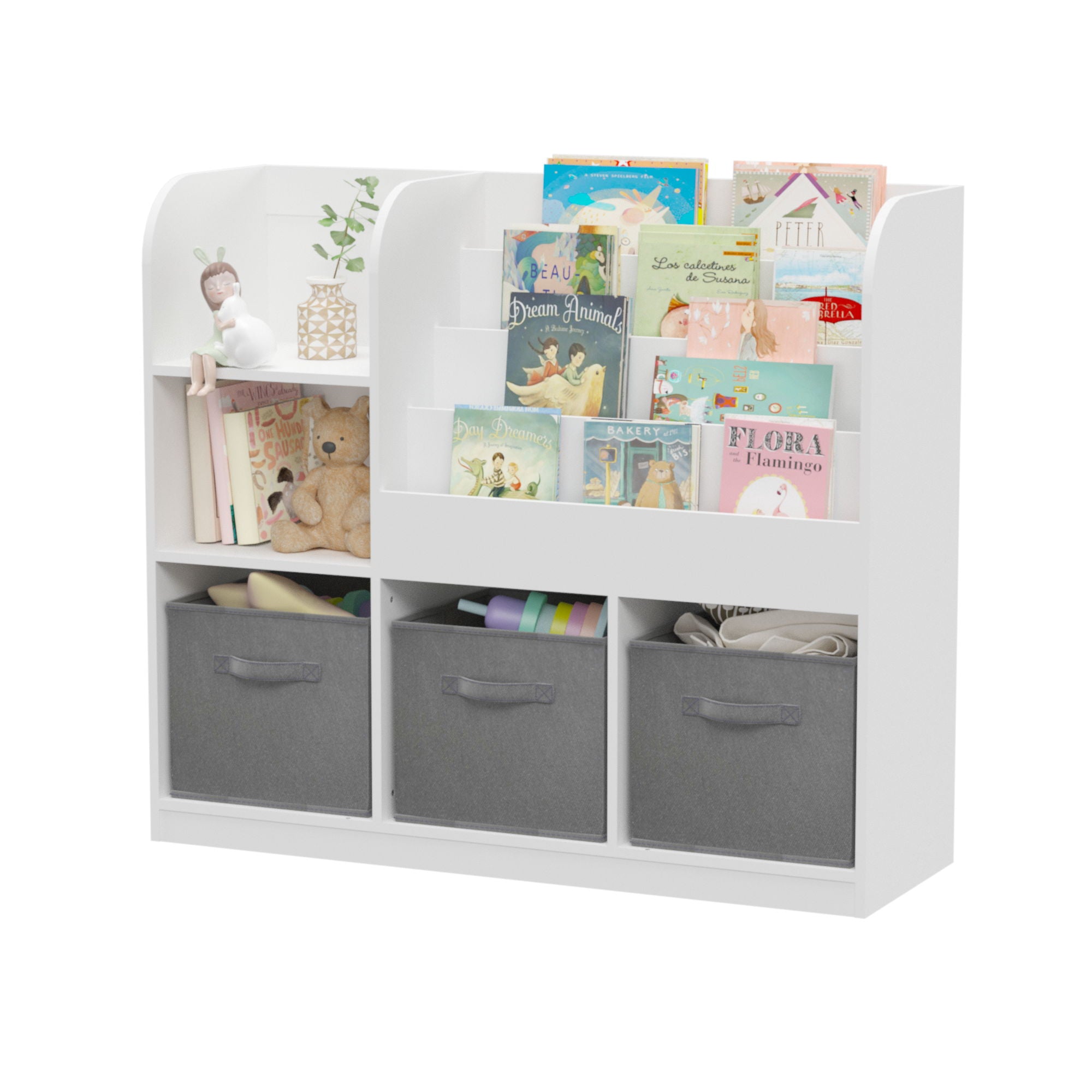 Bookcase And Bookshelf With 3 Collapsible Drawers, Multifunctional Display Stand
