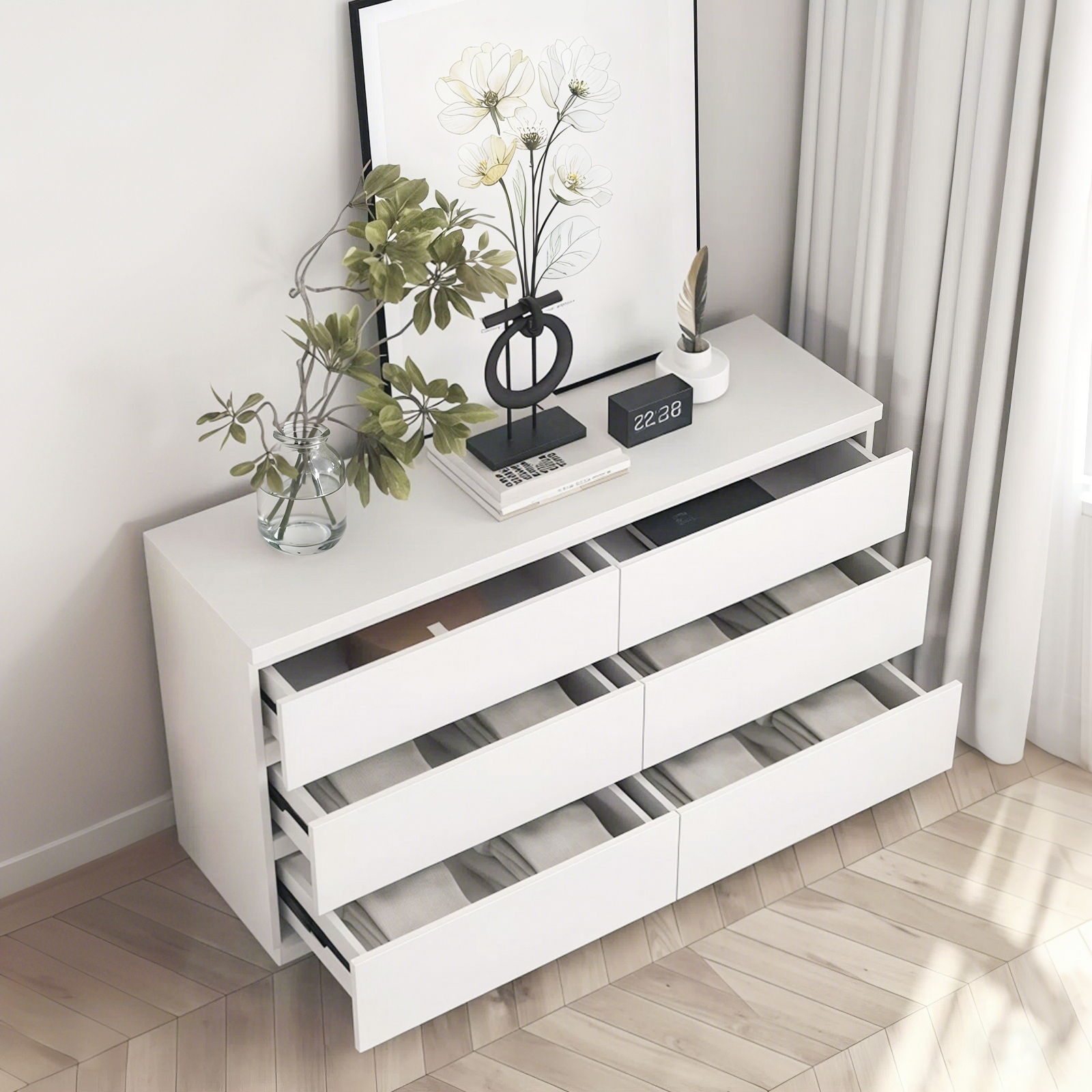 6 Drawer Dresser With Spacious Countertop And Concealed Handles