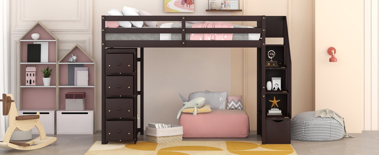 Loft Bed With Storage Drawers And Stairs With Shelves