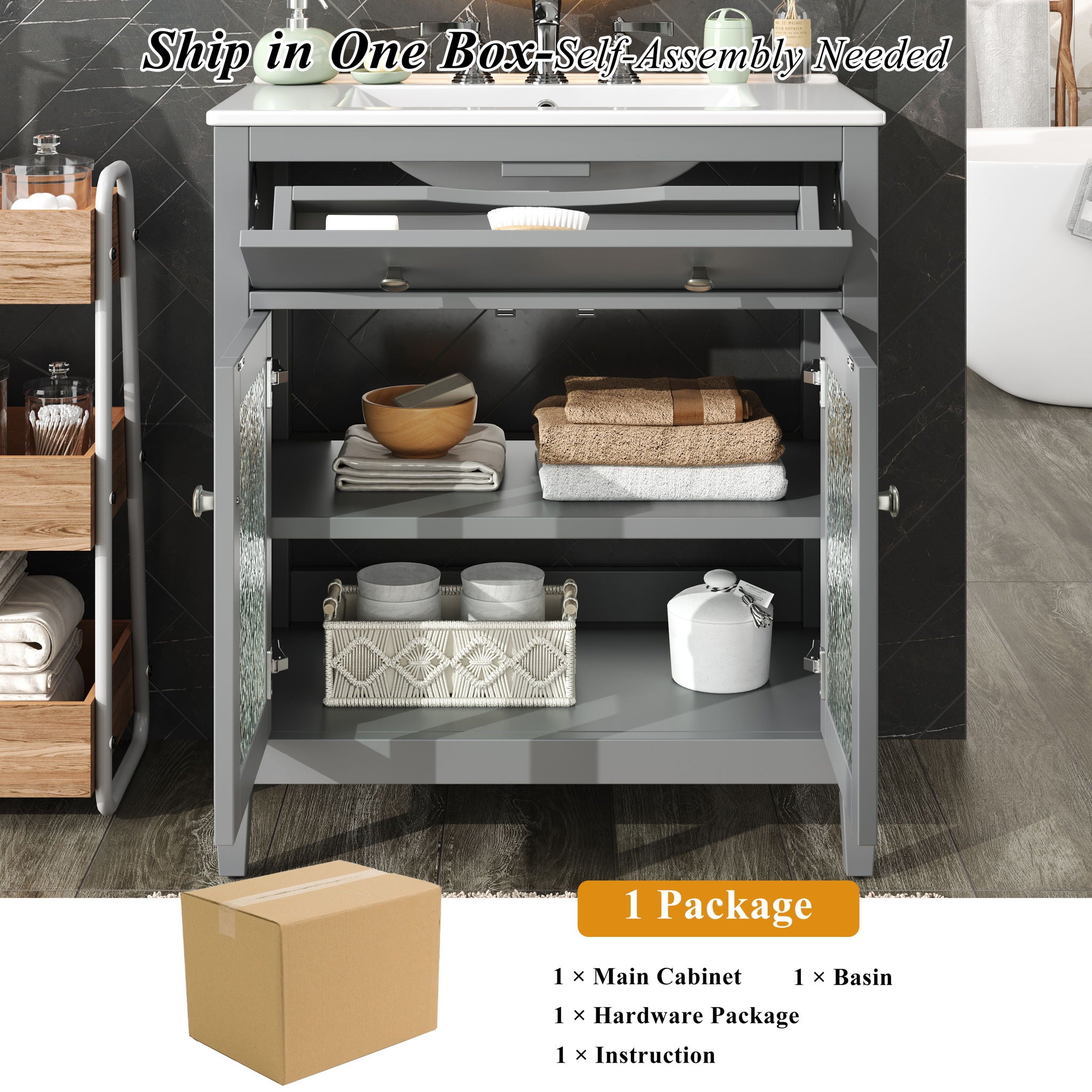 Bathroom Vanity With Ceramic Sink, Adjustable Shelf & Tip Out Tray