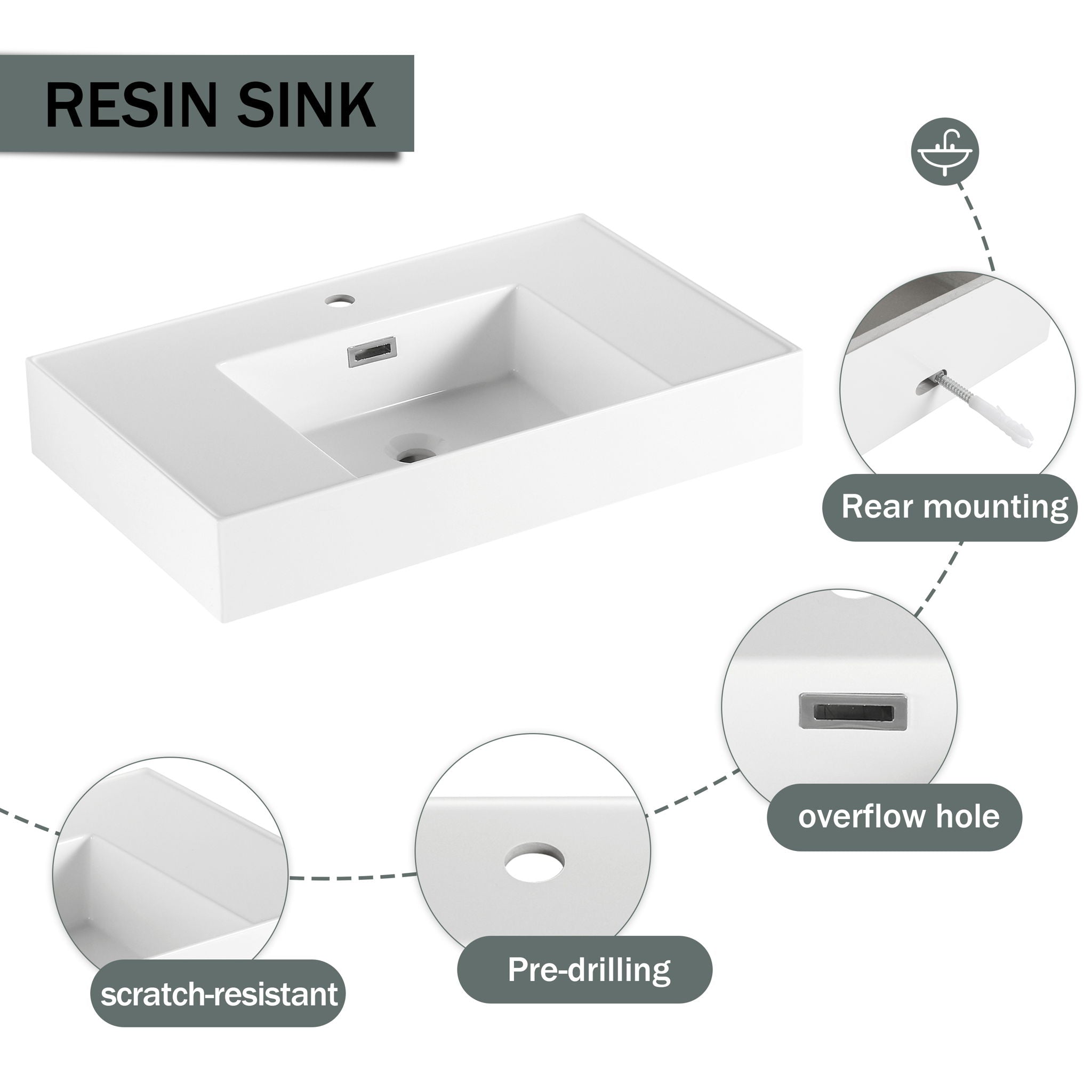 Modern Wall Mounted Bathroom Vanity With Resin Sink And Side Cabinet - Brown Ebony