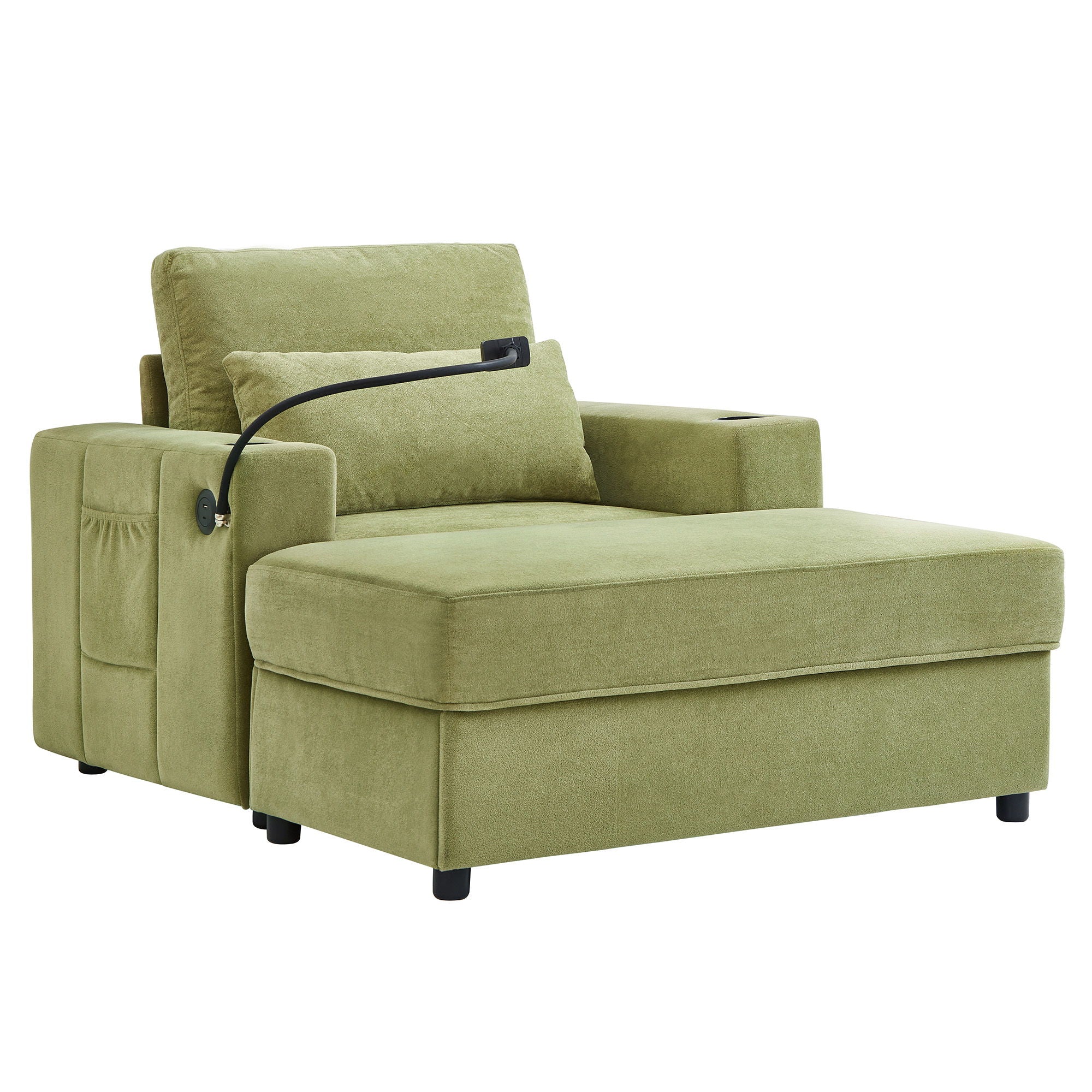 Modern Style Armchair Chaise Lounge Sofa Couch With Movable Storage Ottoman, USB Ports, Cup Holders, Phone Holder, Side Pockets