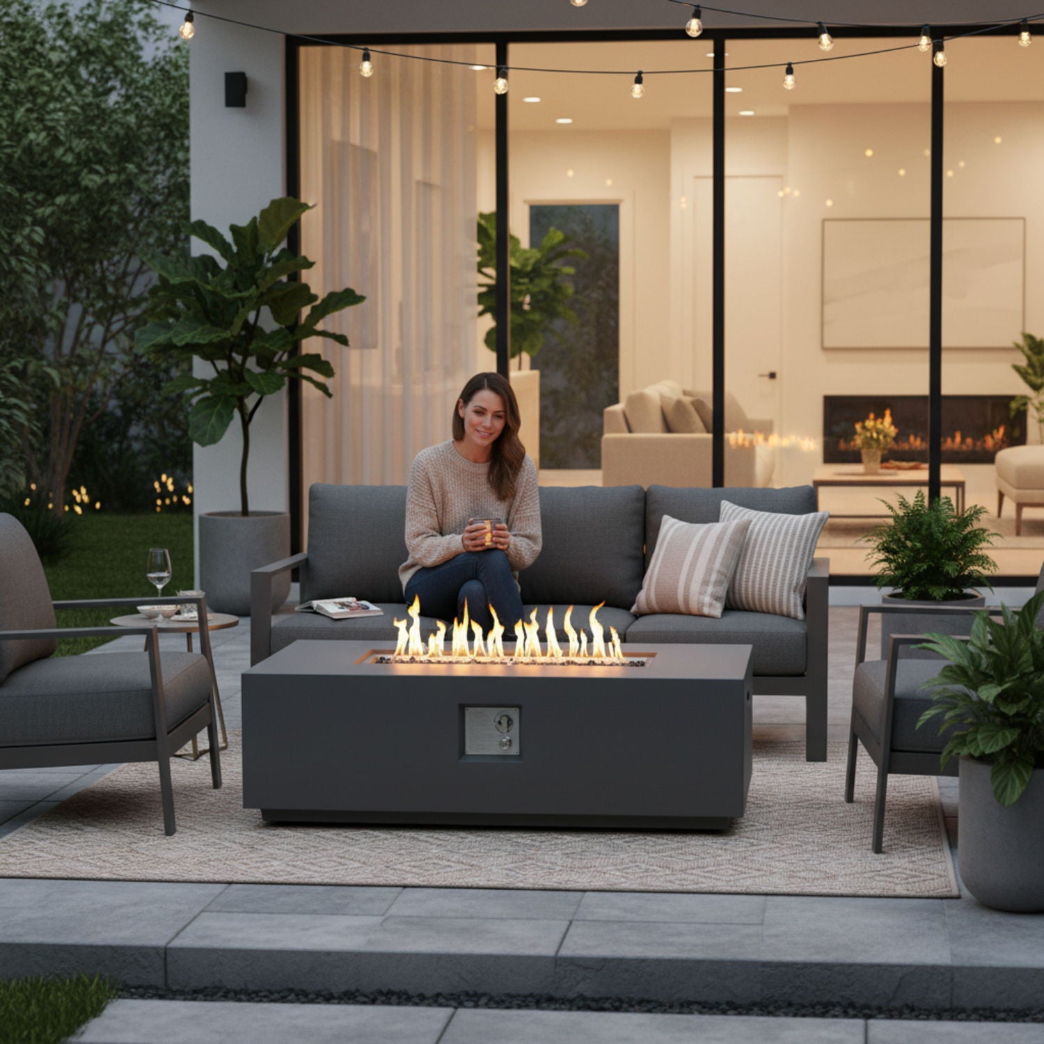 Volon - Rectangular Fire Pit Table, Propane Powered, 50,000 BTU - Light Gray