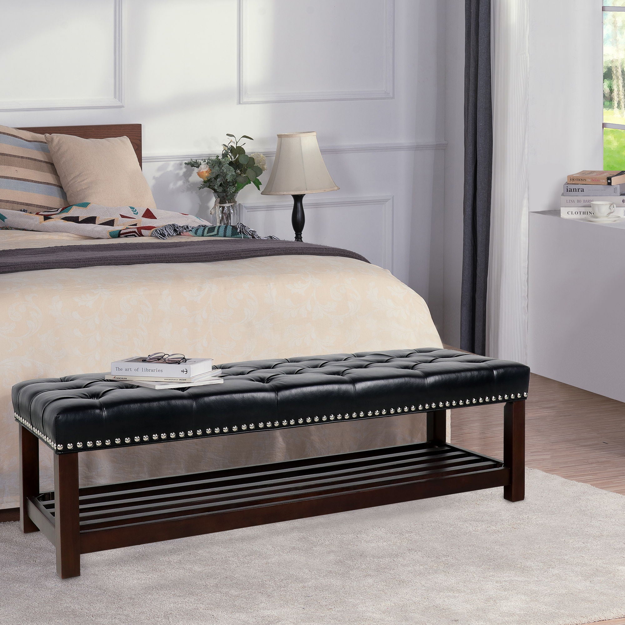 Bedroom End Of Bed Bench Tufted Upholstered End Of Bed Bench End Of Bed Entrance Shoe Bench With Nailhead Trim And Shelf Bedroom Upholstered Bench Living Room Shoe Rack Footstool