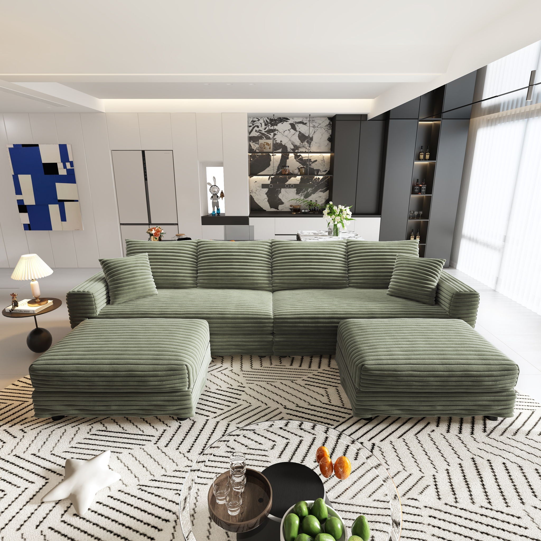 Convertible Deep Seat Sofa With Soft Pillows And Ottomans