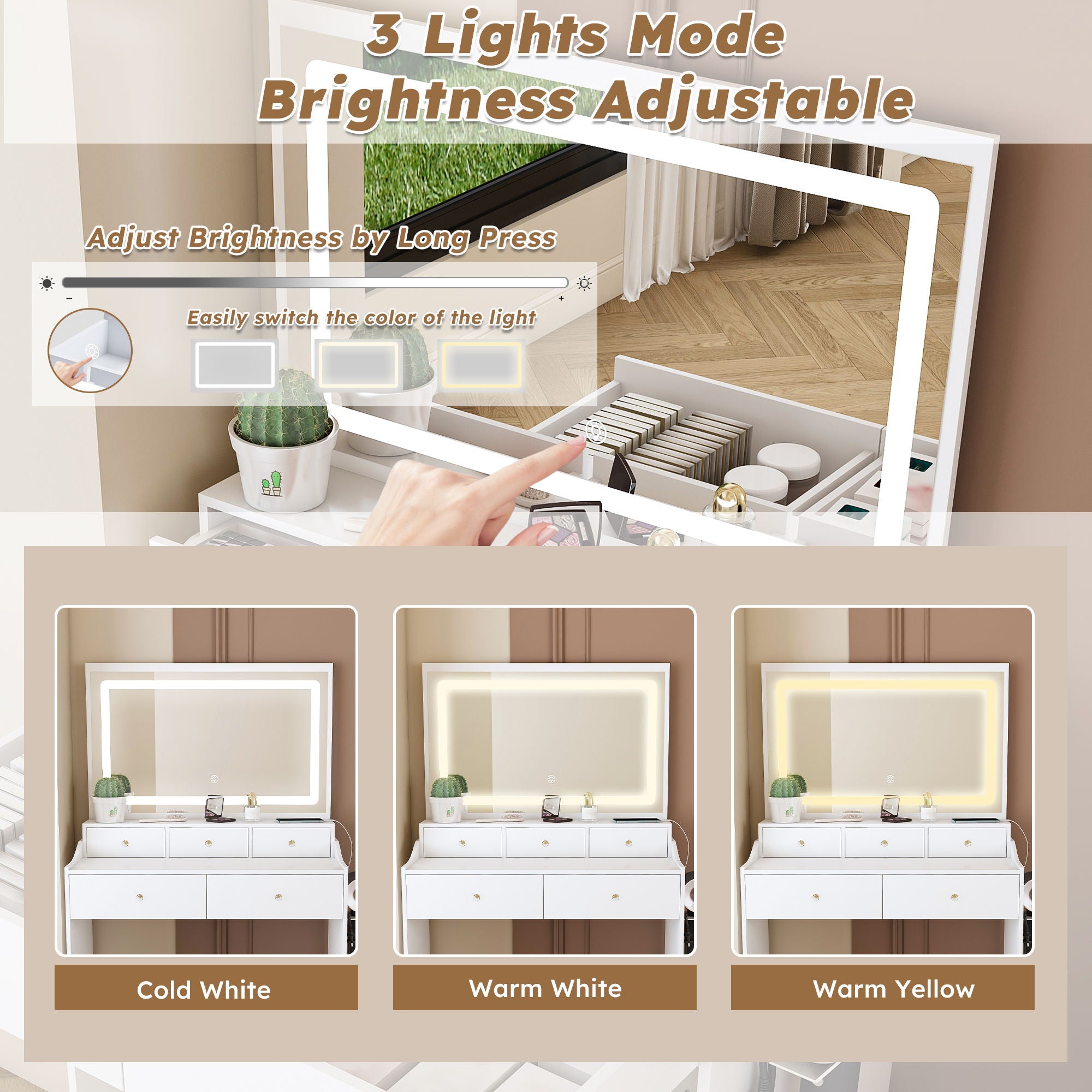 Modern Makeup Vanity Set With Power Outlet, Hair Dryer Holder, And Adjustable Lighting