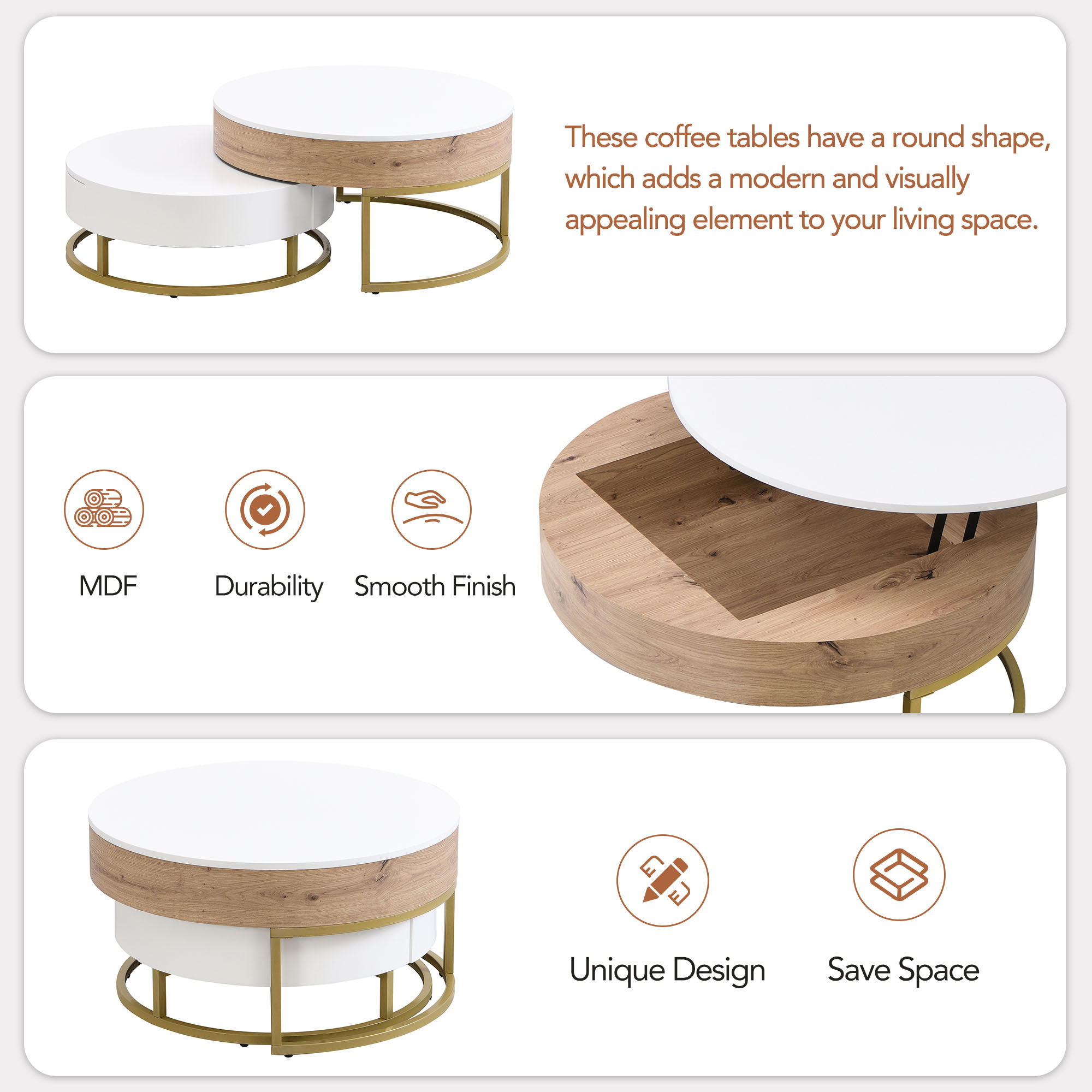Modern Round Lift-Top Nesting Coffee Tables With 2 Drawers