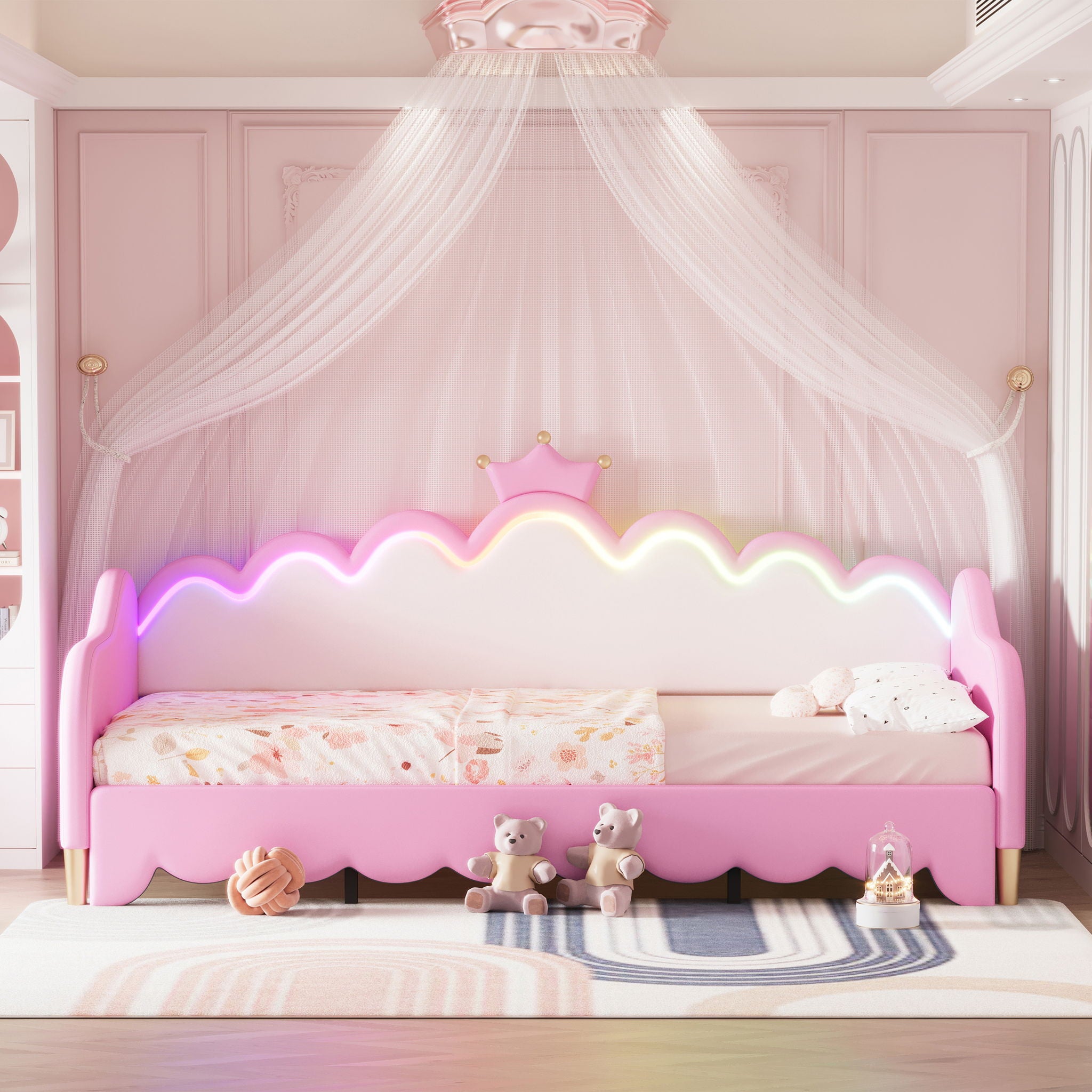 Extending Daybed With LED Lights, Modern Upholstered Princess Daybed With Crown Headboard
