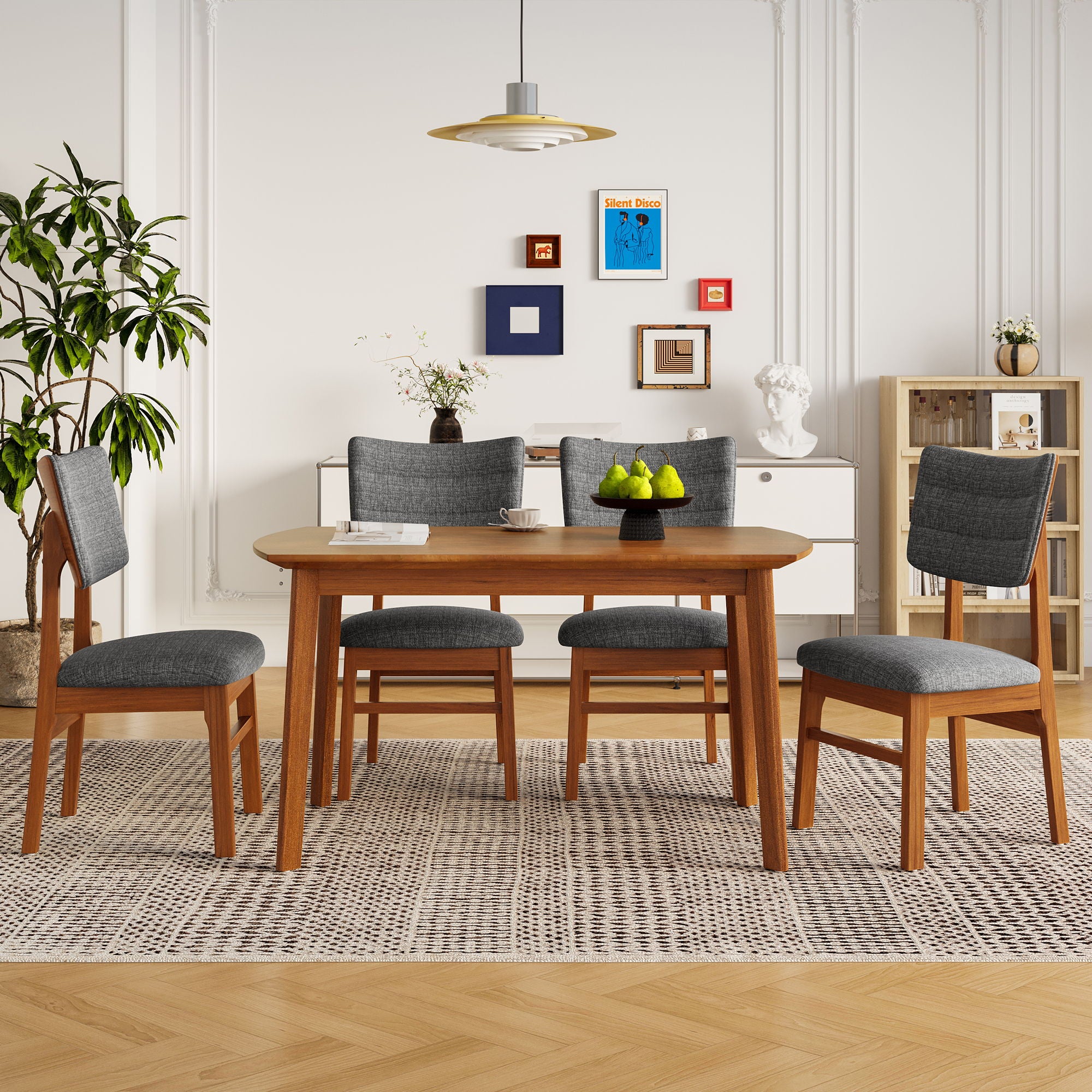 Mid Century Modern Dining Table Set For 4, Solid Wood Dining Table And Solid Wood Chairs, 5 Pieces Farmhouse Dining Table And 4 Upholstered Chairs - Brown / Gray