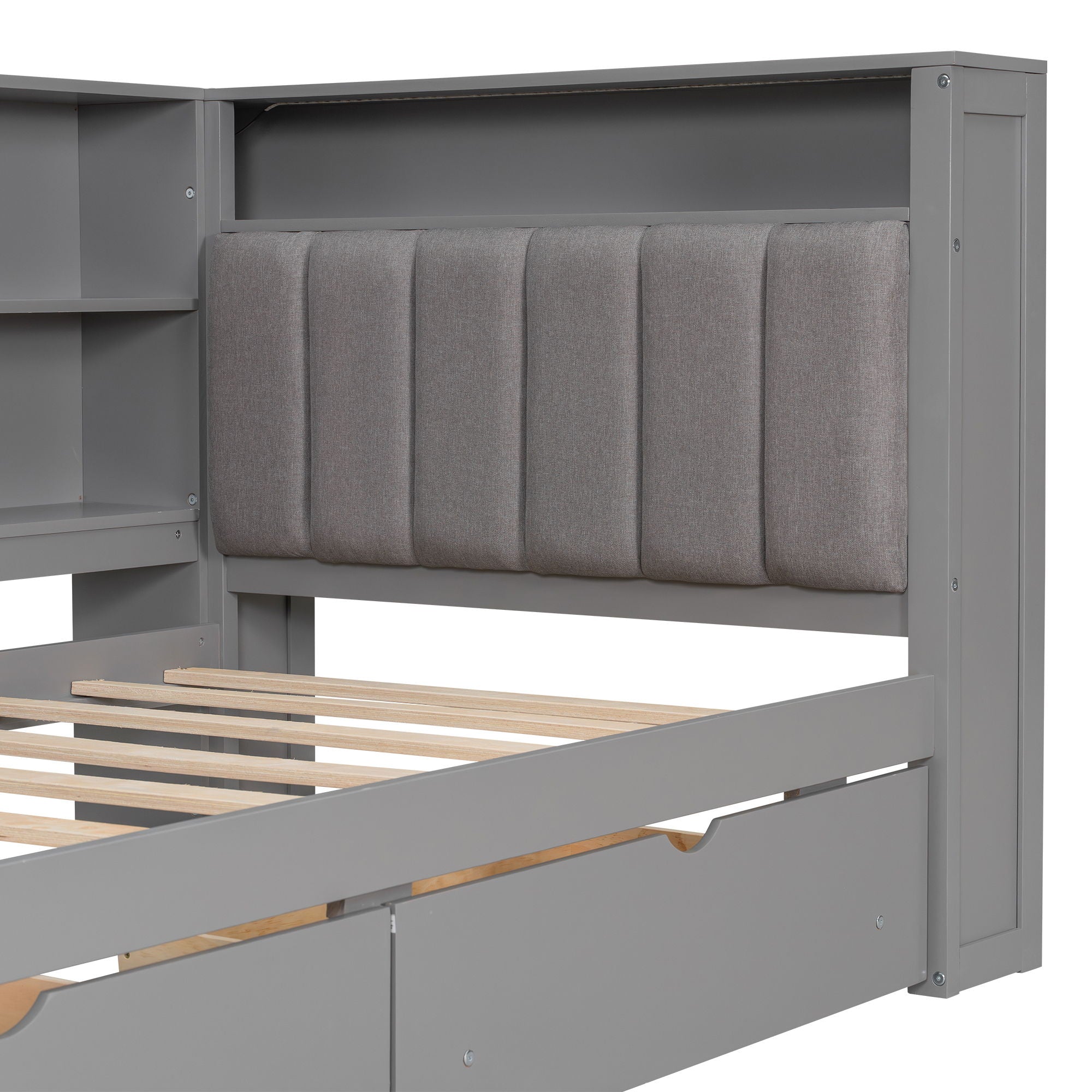 Platform Bed With Upholstered Headboard, Storage Shelves, Drawers, Charging Station, LED Lighting, Built In Desk