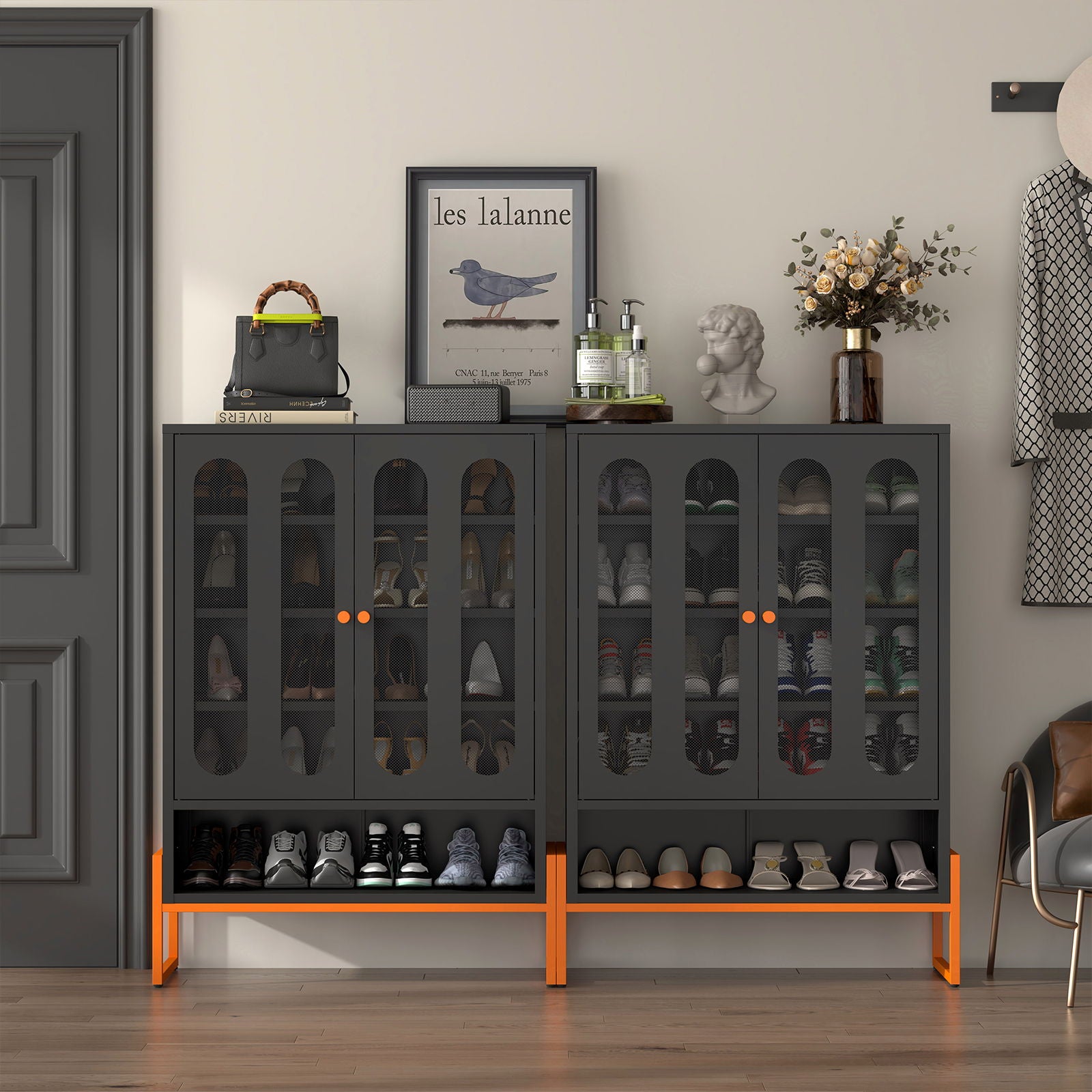Modern Metal Shoe Cabinet With DoublebSided Doors And Adjustable Partitions
