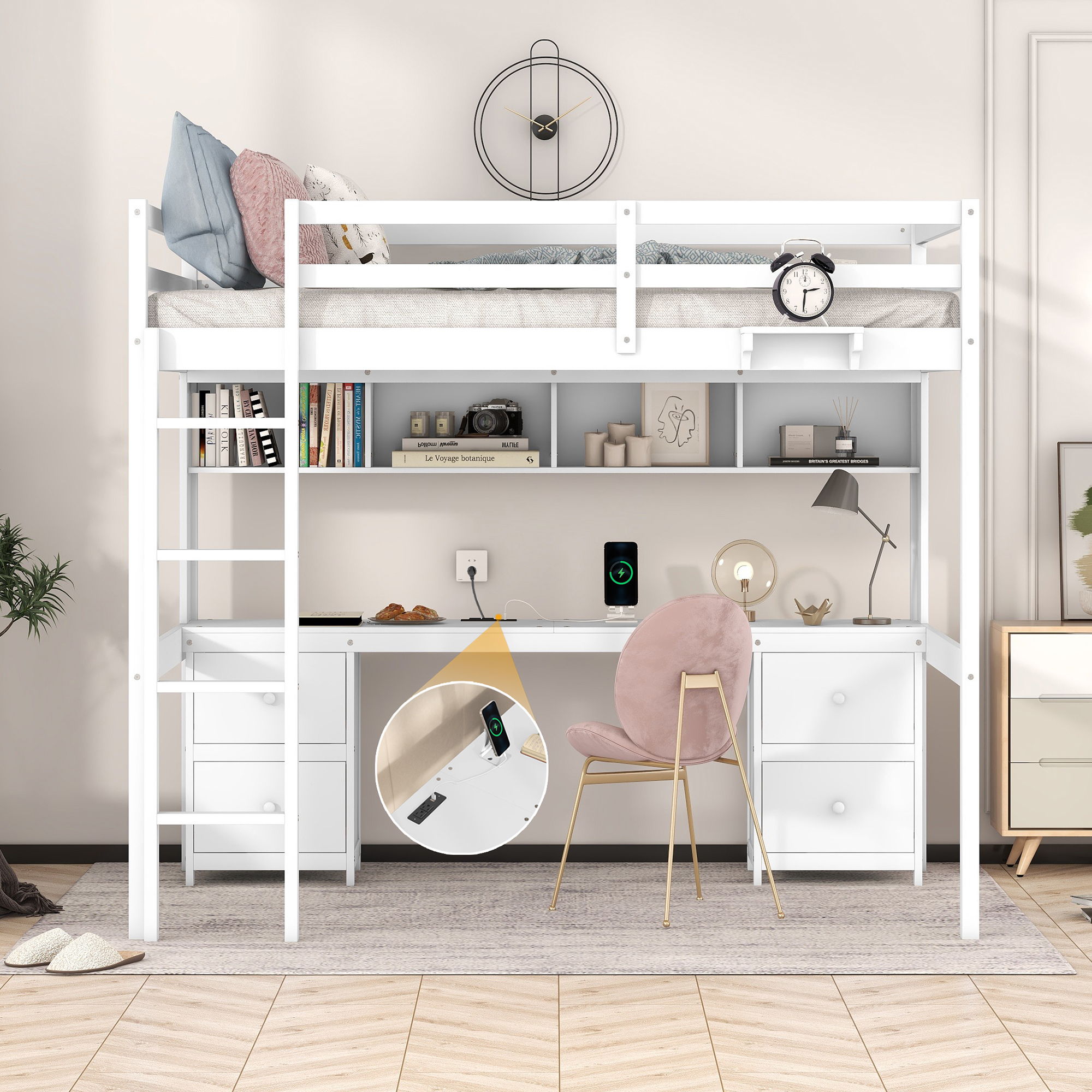 Full Size Loft Bed With Desk, Cabinets, Drawers, Charging Station And Bedside Tray, Sturdy Frame, No Box Spring Required - White