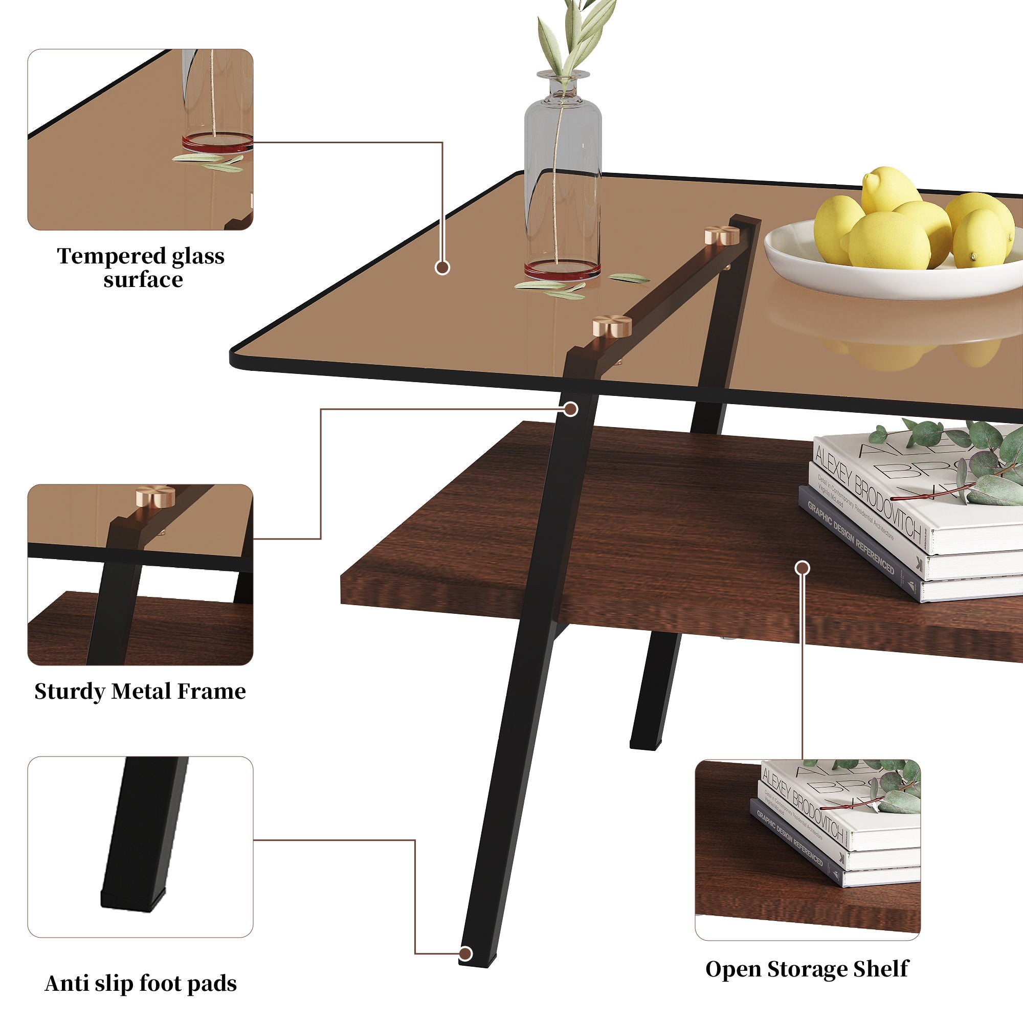 Rectangle Coffee Table, Tempered Glass Tabletop Modern Table For Living Room