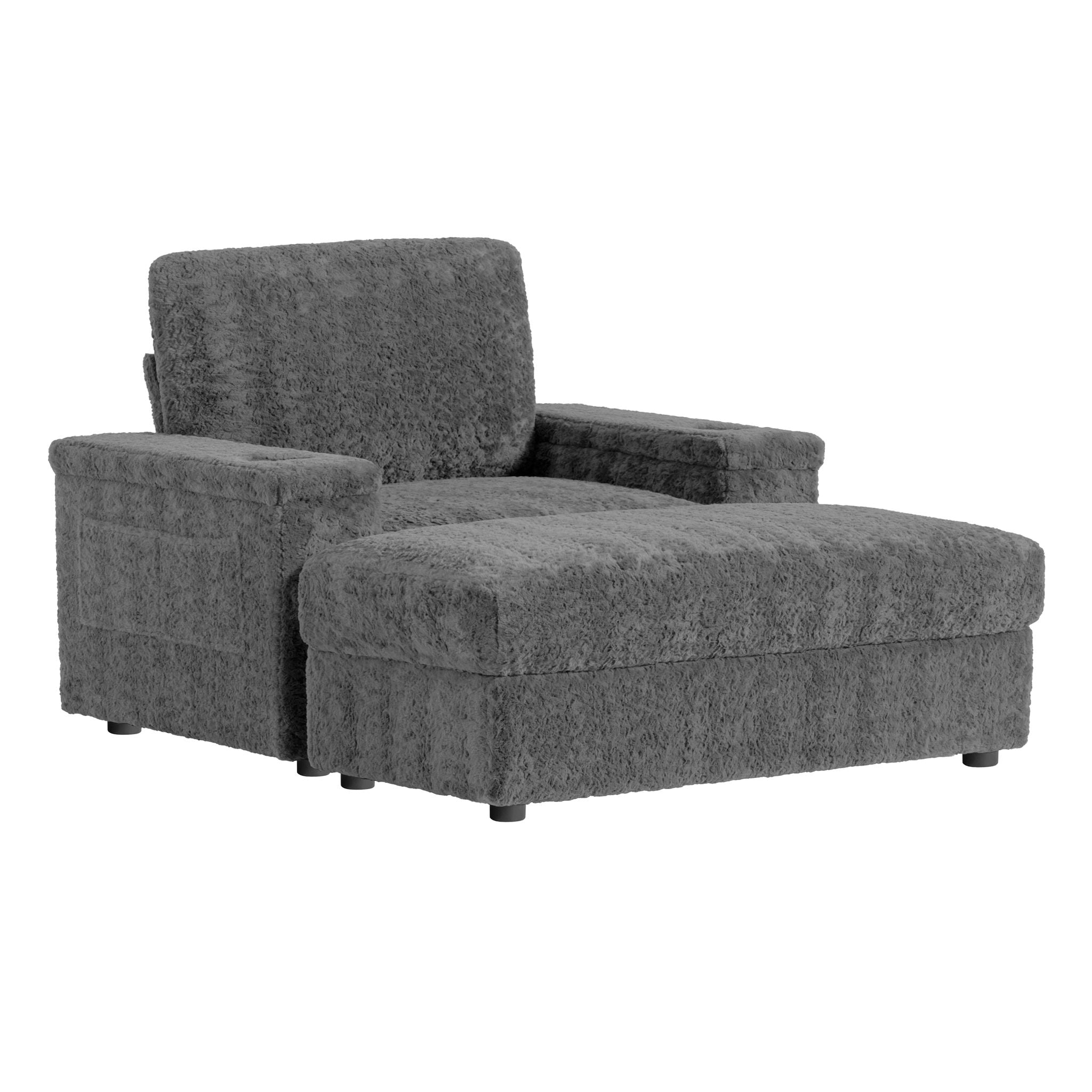 Oversized Chaise Lounge Indoor Rabbit Fur Sofa Bed With Storage Ottoman And Armrests Cup Holders With Deep Seat
