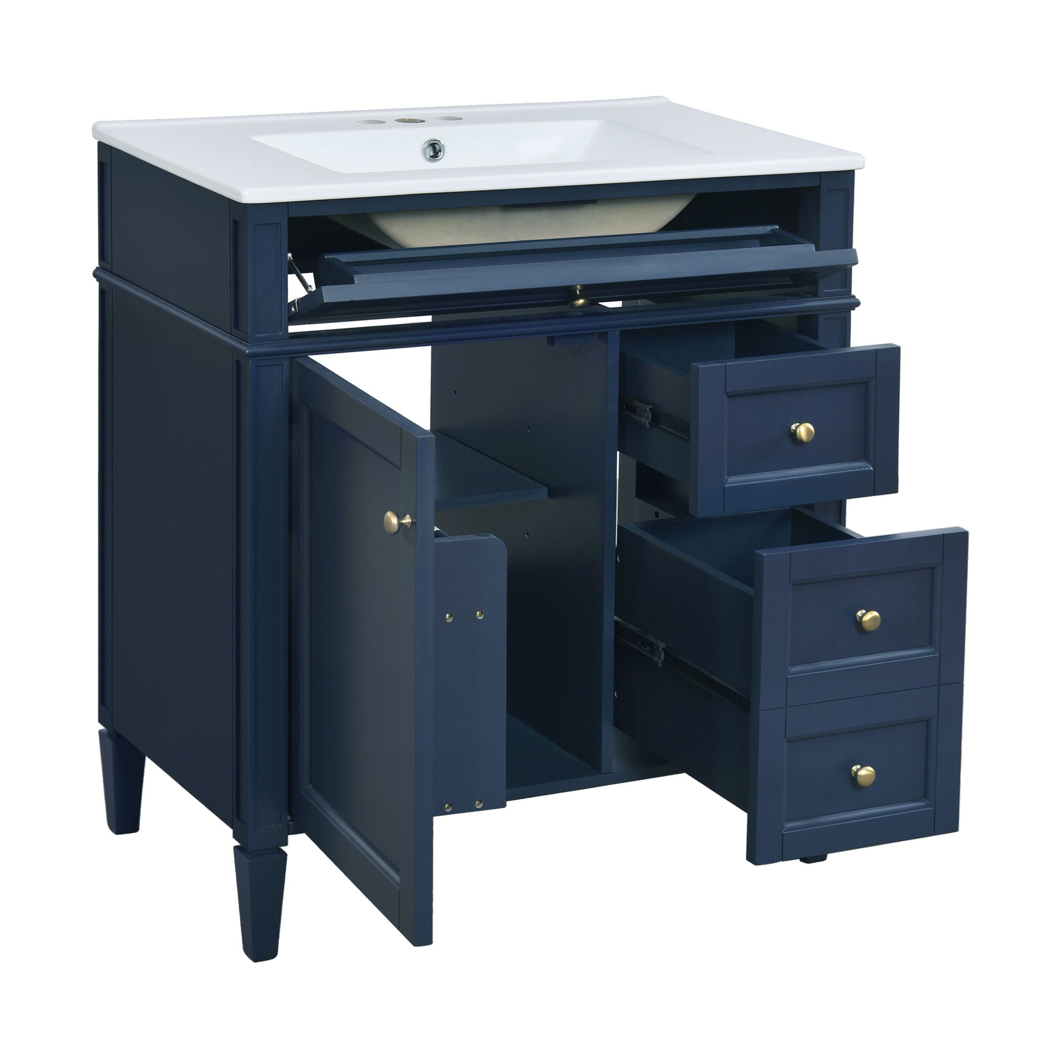 Bathroom Vanity With Top Sink, 2 Doors And 3 Drawers, Freestanding Set With Mirror Cabinet