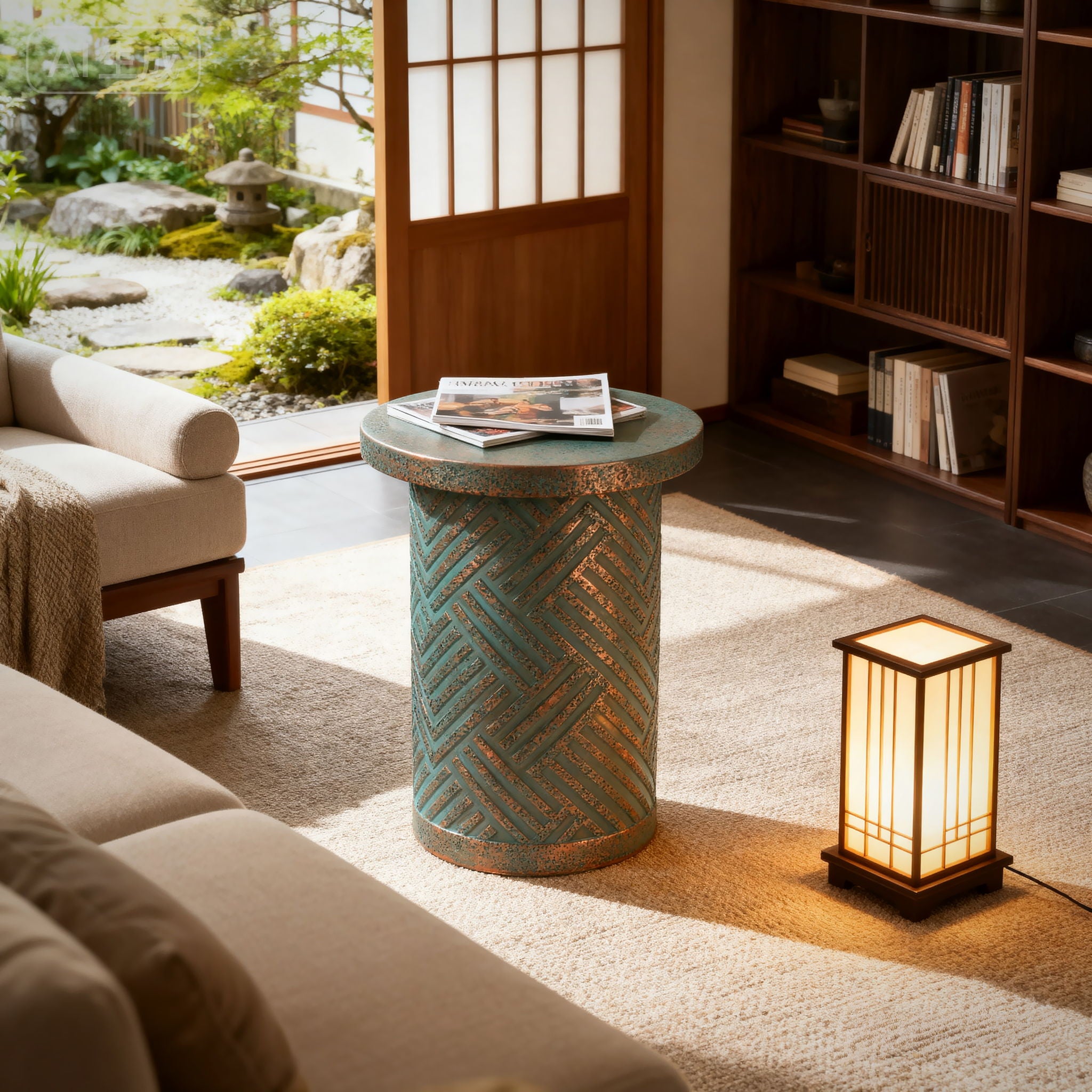 Round Outdoor End Table With Tree Stump Design For Patio - Golden / Green / Peacock