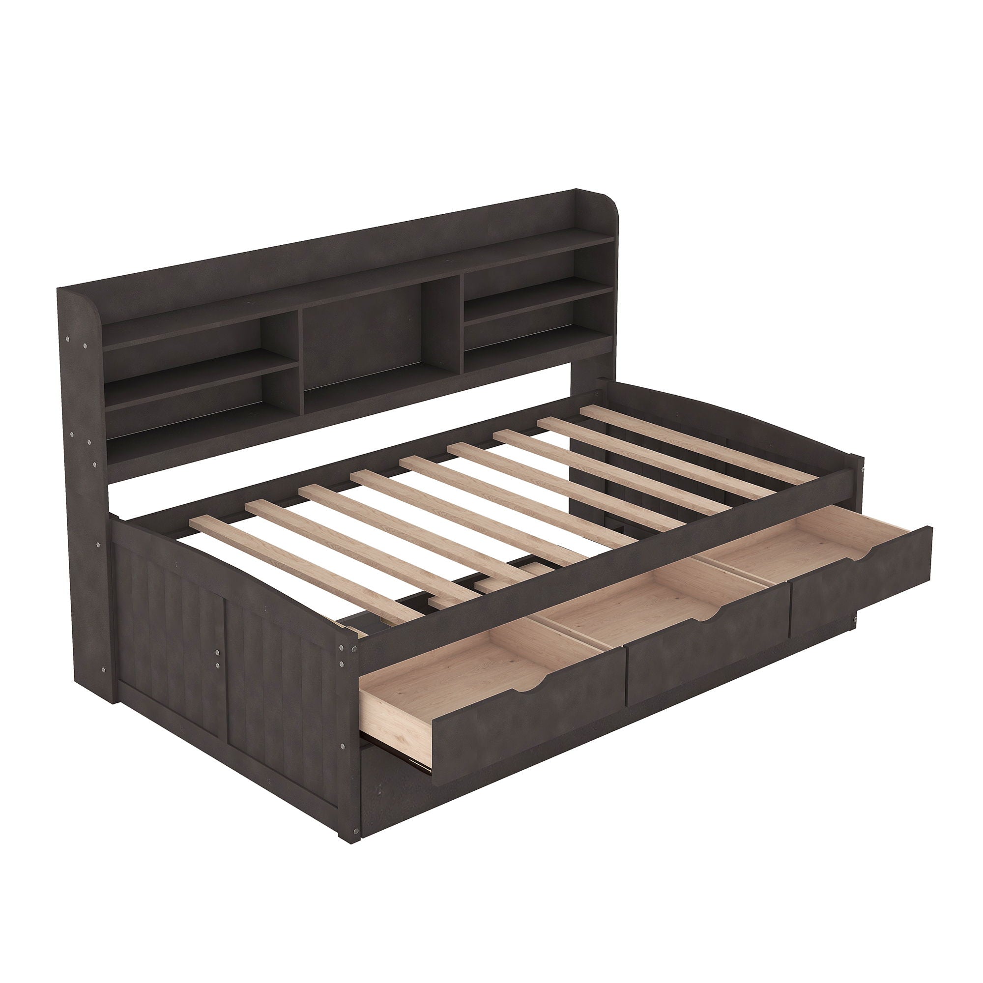 Captain Bed With Built In Bookshelves, 3 Storage Drawers, And Trundle