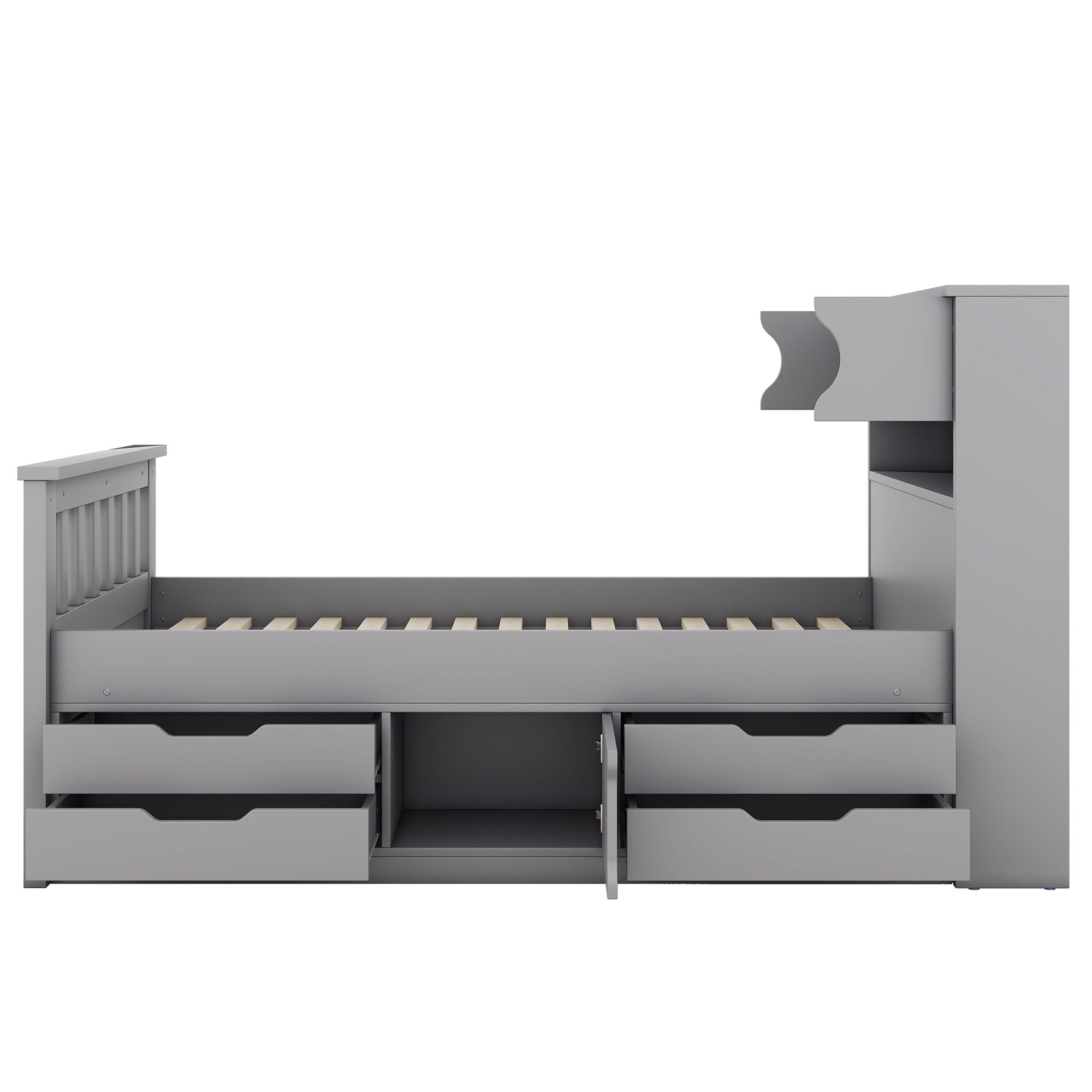 Captain Platform Bed Frame With Storage Bookcases, Shelves, And 4 Drawers