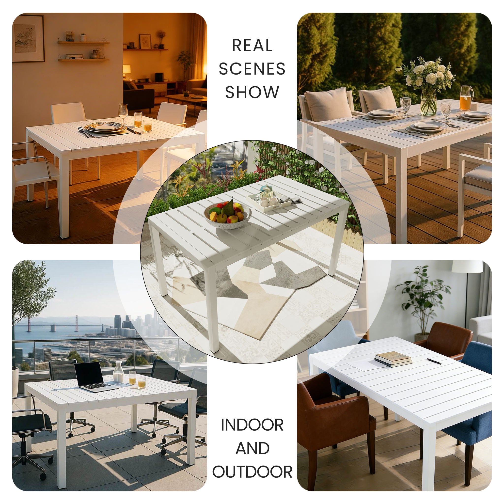 Modern Long Table, UV Resistant And Rust Proof, Pp Tabletop, UV Resistant Powder Coated Metal Legs - Snow White