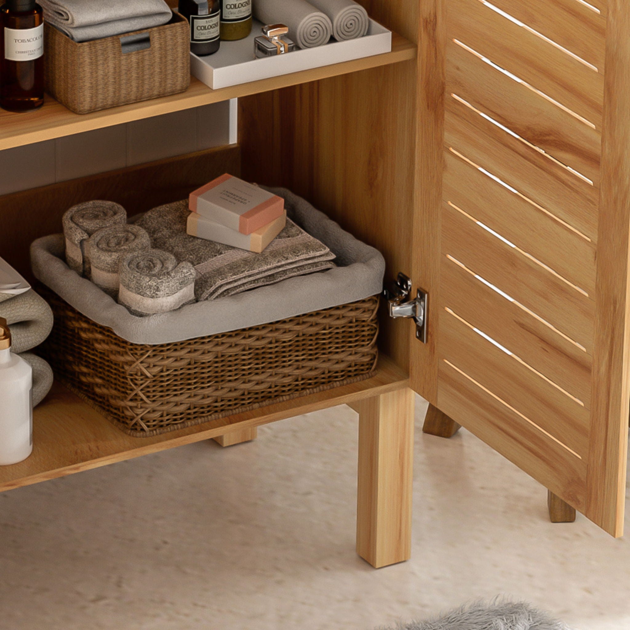 Bathroom Vanity With Ceramic Sink, Freestanding Cabinet - Antique Natural / Brown