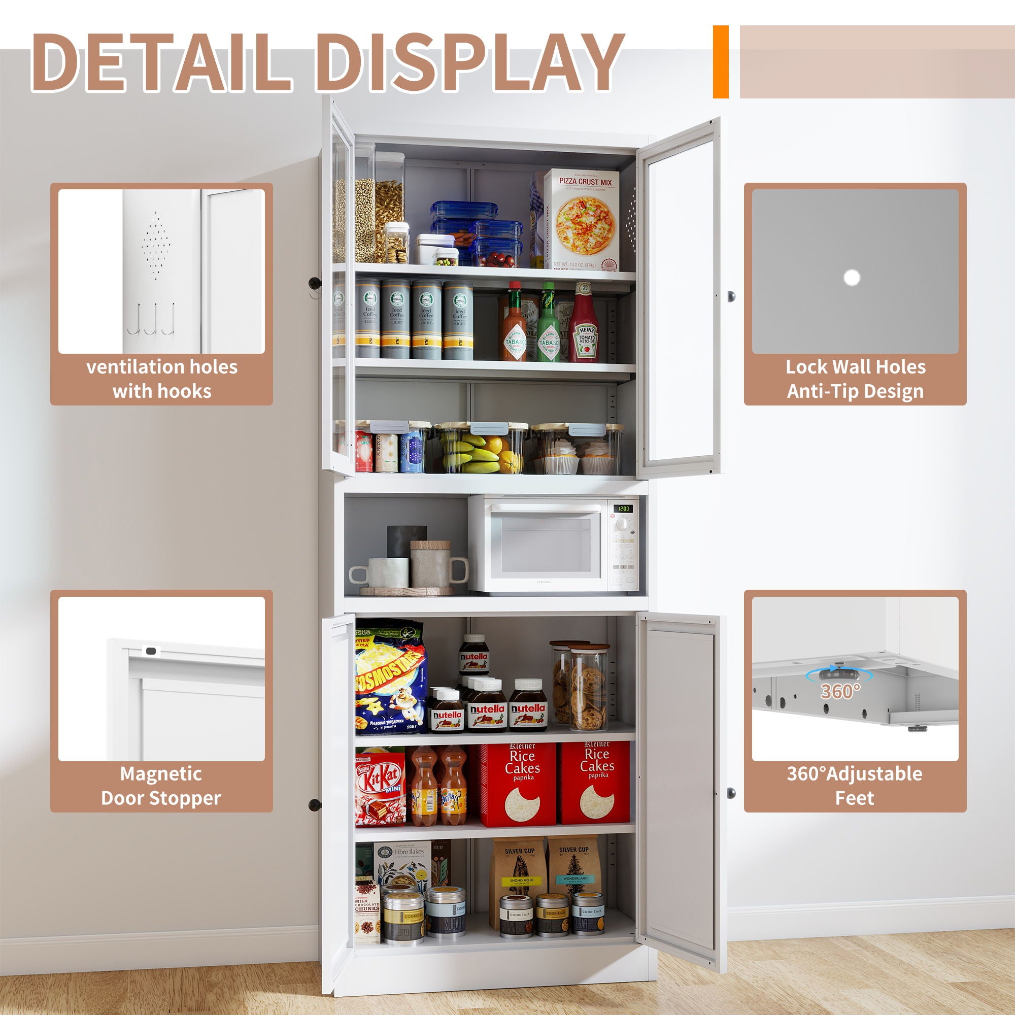 Kitchen Pantry Cabinet Tall Storage With Adjustable Shelves, Heavy Duty Stainless Steel Frame - White