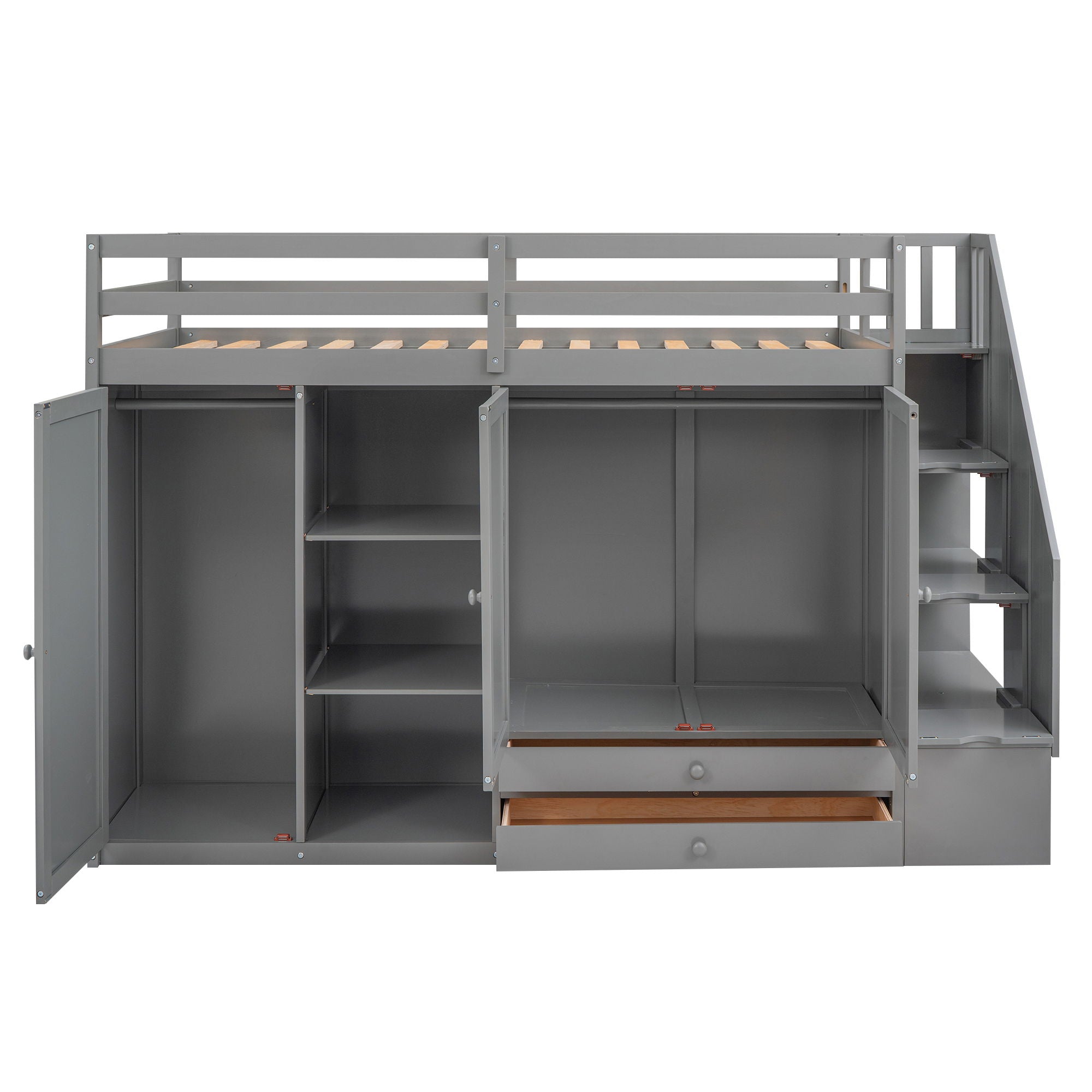 Loft Bed With 3 Shelves, 2 Wardrobes, 2 Drawers, Ladder Storage