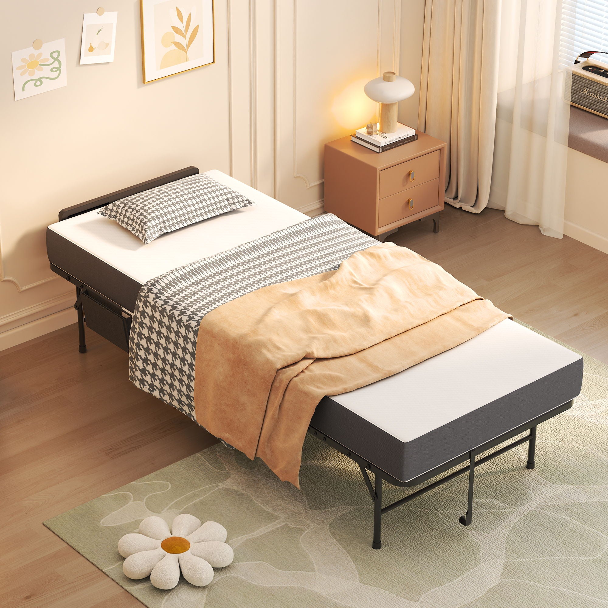 Twin Folding Bed With Adjustable Headboard & Memory Foam Mattress, Portable Coton Wheels For Tall People, Space-Saving Guest Bed - Black