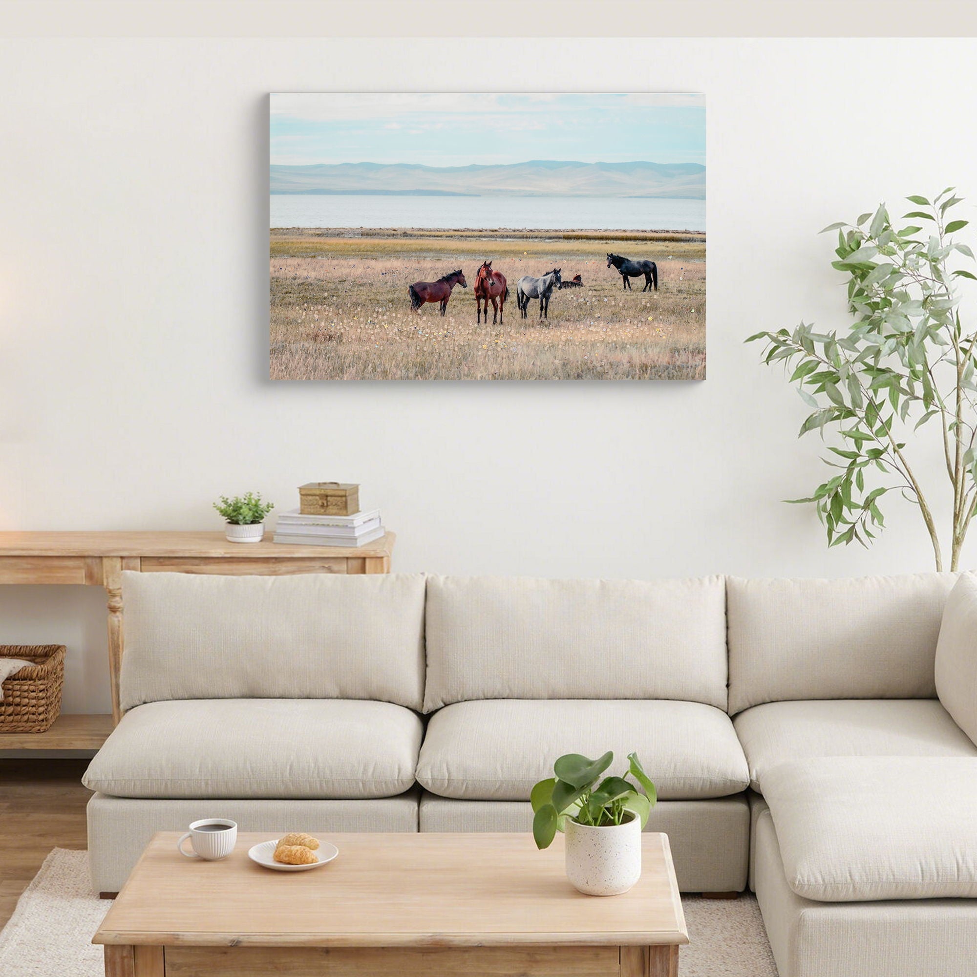 Horse Framed Wall Art Decor For Living Room - Denim / Brown