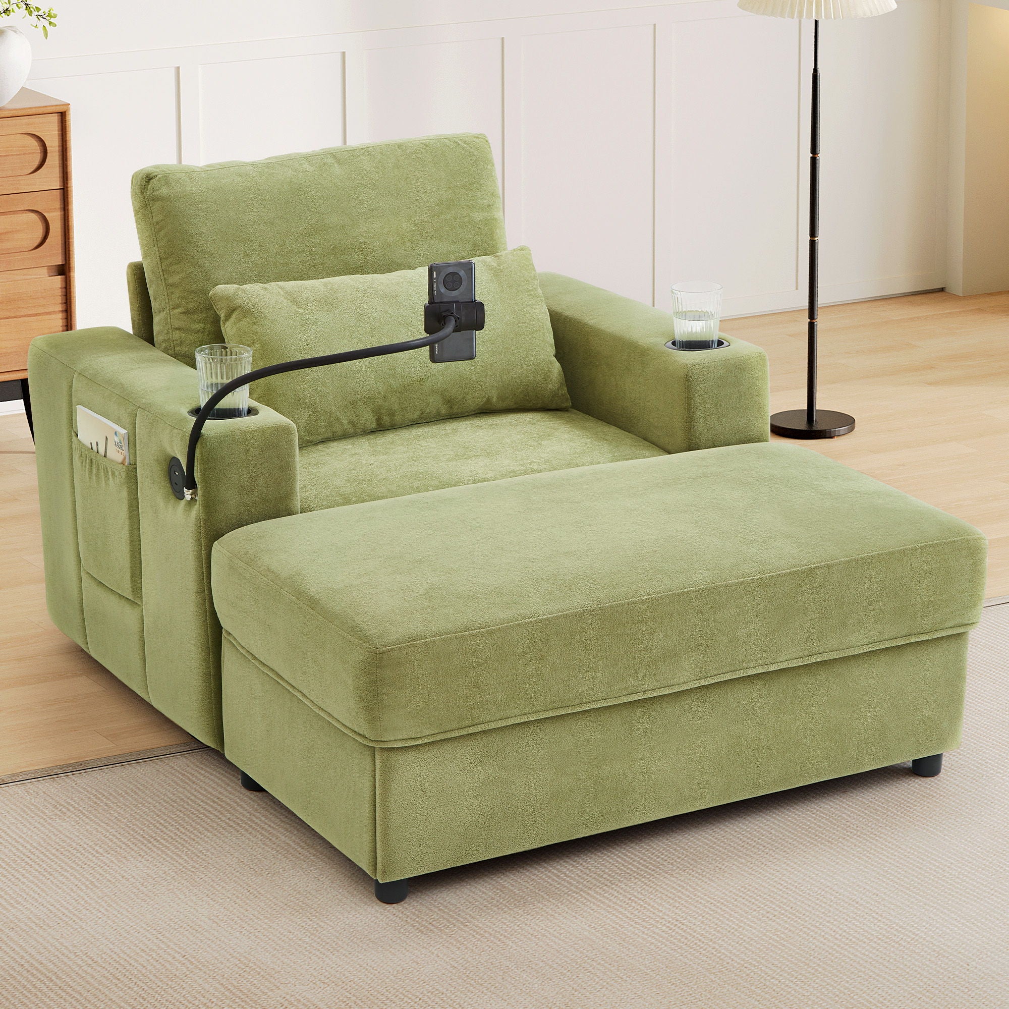 Modern Style Armchair Chaise Lounge Sofa Couch With Movable Storage Ottoman, USB Ports, Cup Holders, Phone Holder, Side Pockets