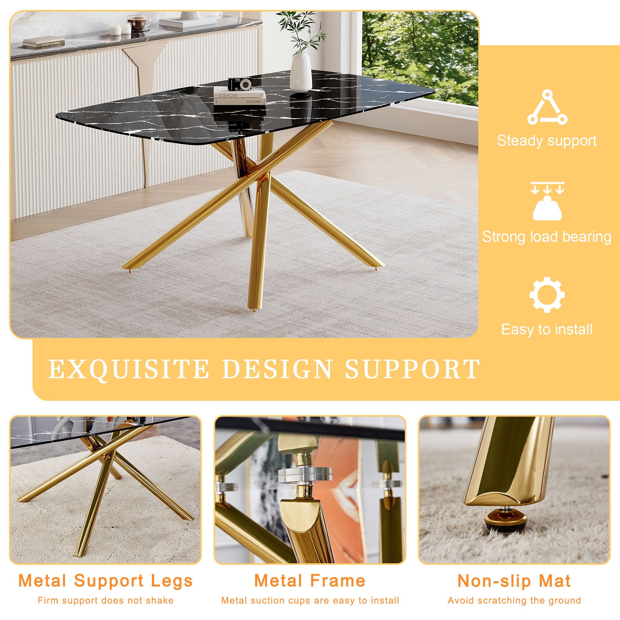 Luxurious Marble Patterned Dining Table With Metal Fork Legs