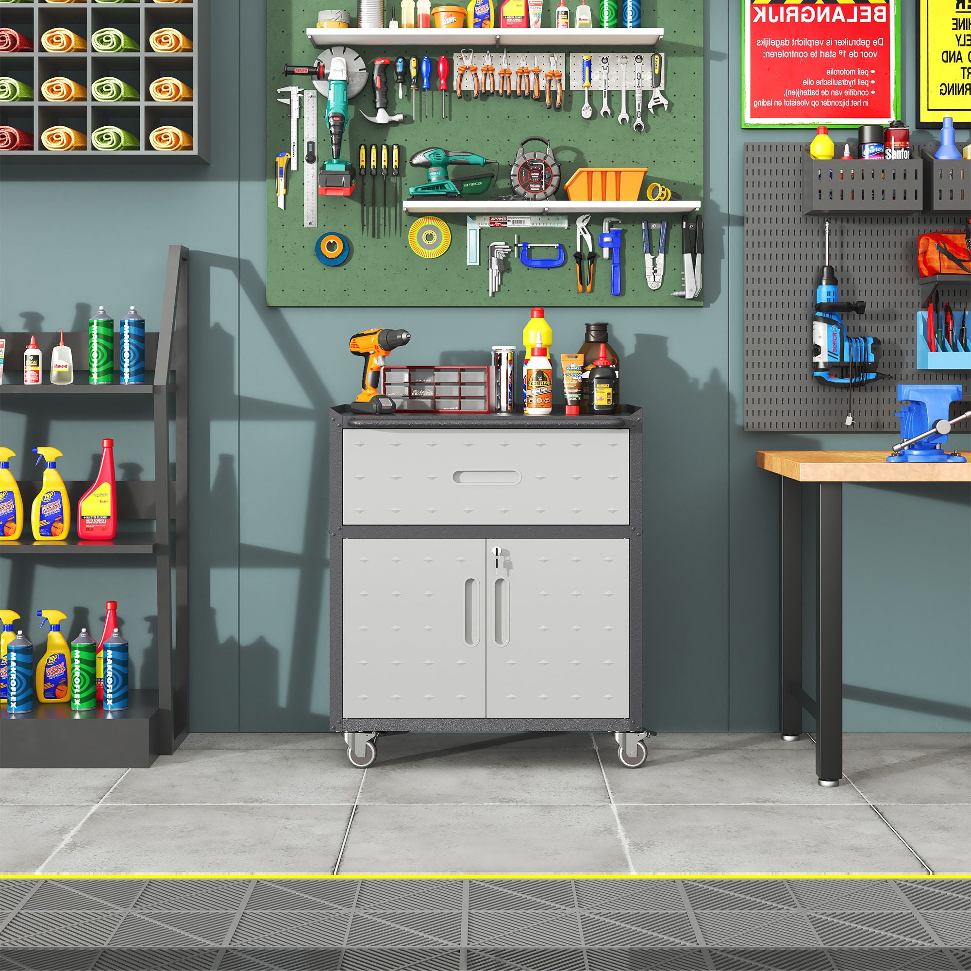 Sturdy And Durable Metal Tool Cabinet For Garage With Wheels Mobile Heavy Duty Storage Cabinet With 1 Drawer And 2 Locking Doors