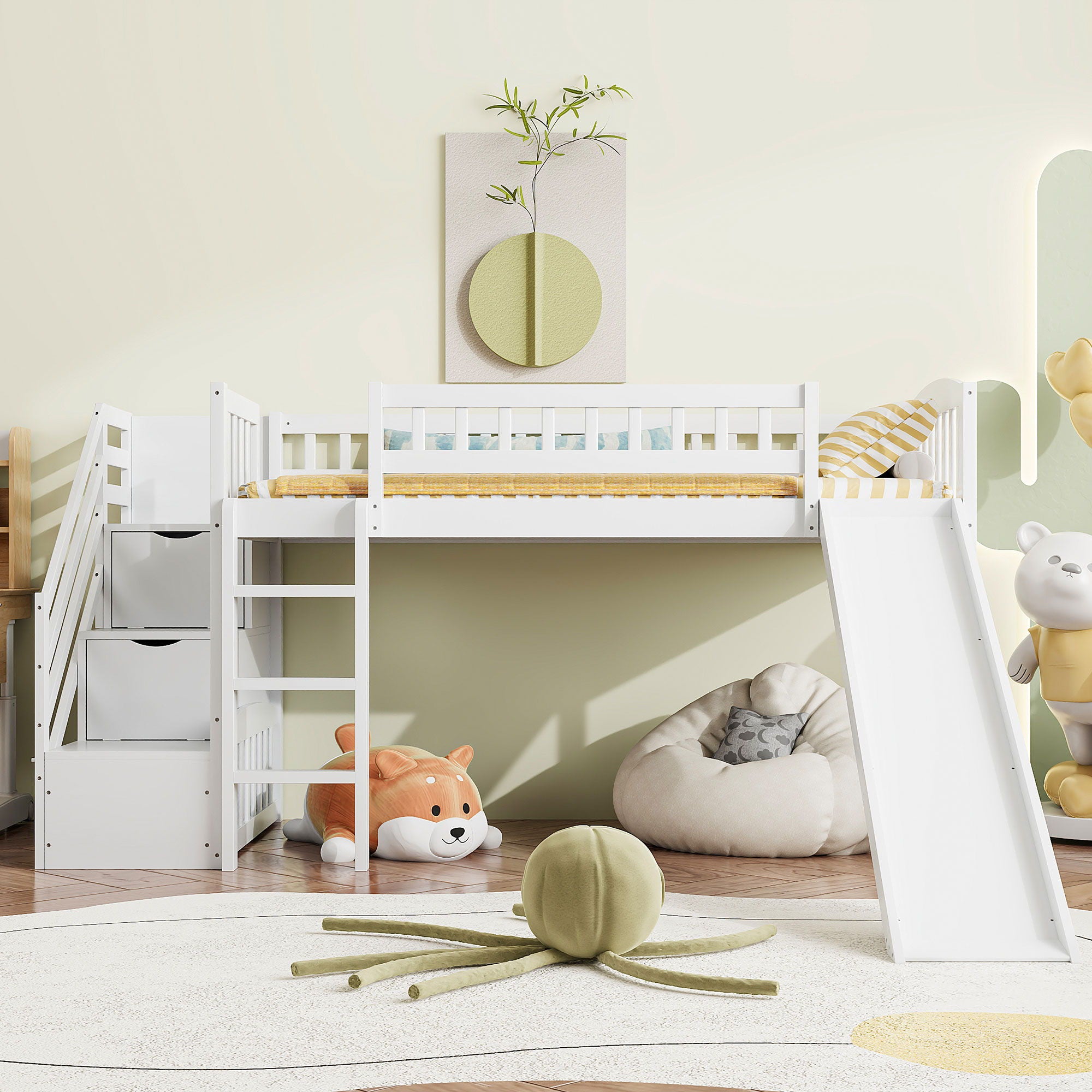 Loft Stairway Bed With 2 Drawers, Convertible Ladder And Slide