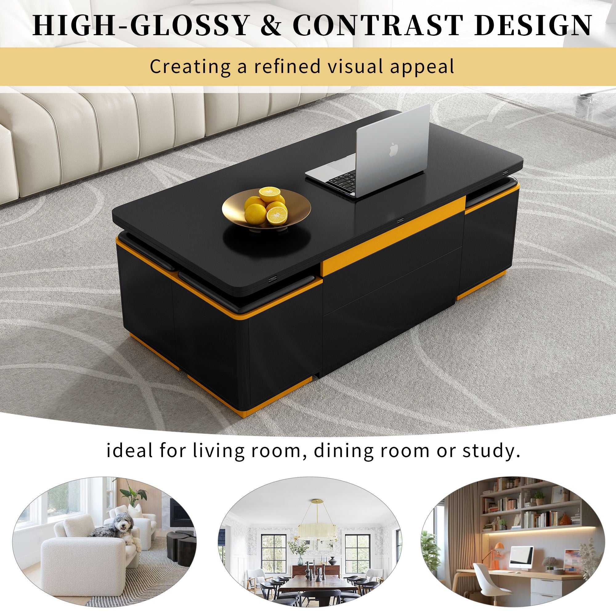 Lift Top Coffee Table With 4 Storage Stools