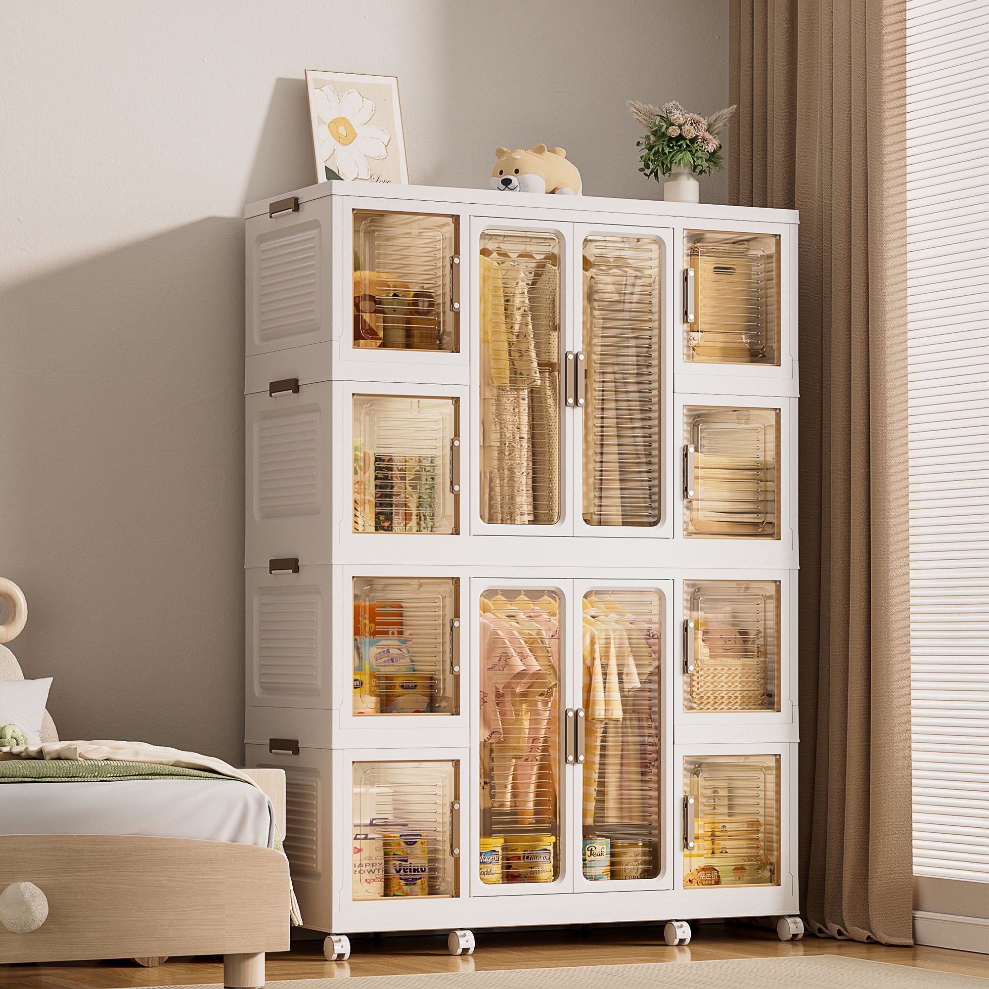 Portable Wardrobe Closet Storage Organizer For Clothes With Magnetic Doors, 12 Cubes & 2 Hanging Rods - White