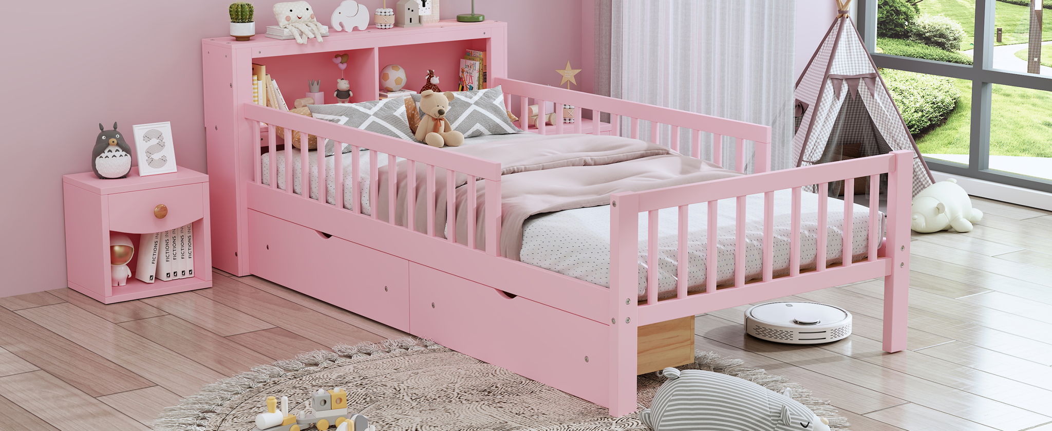 Bed With Headboard Storage Rack, 2 Under Bed Drawers, 3 Side Guardrails For Safety