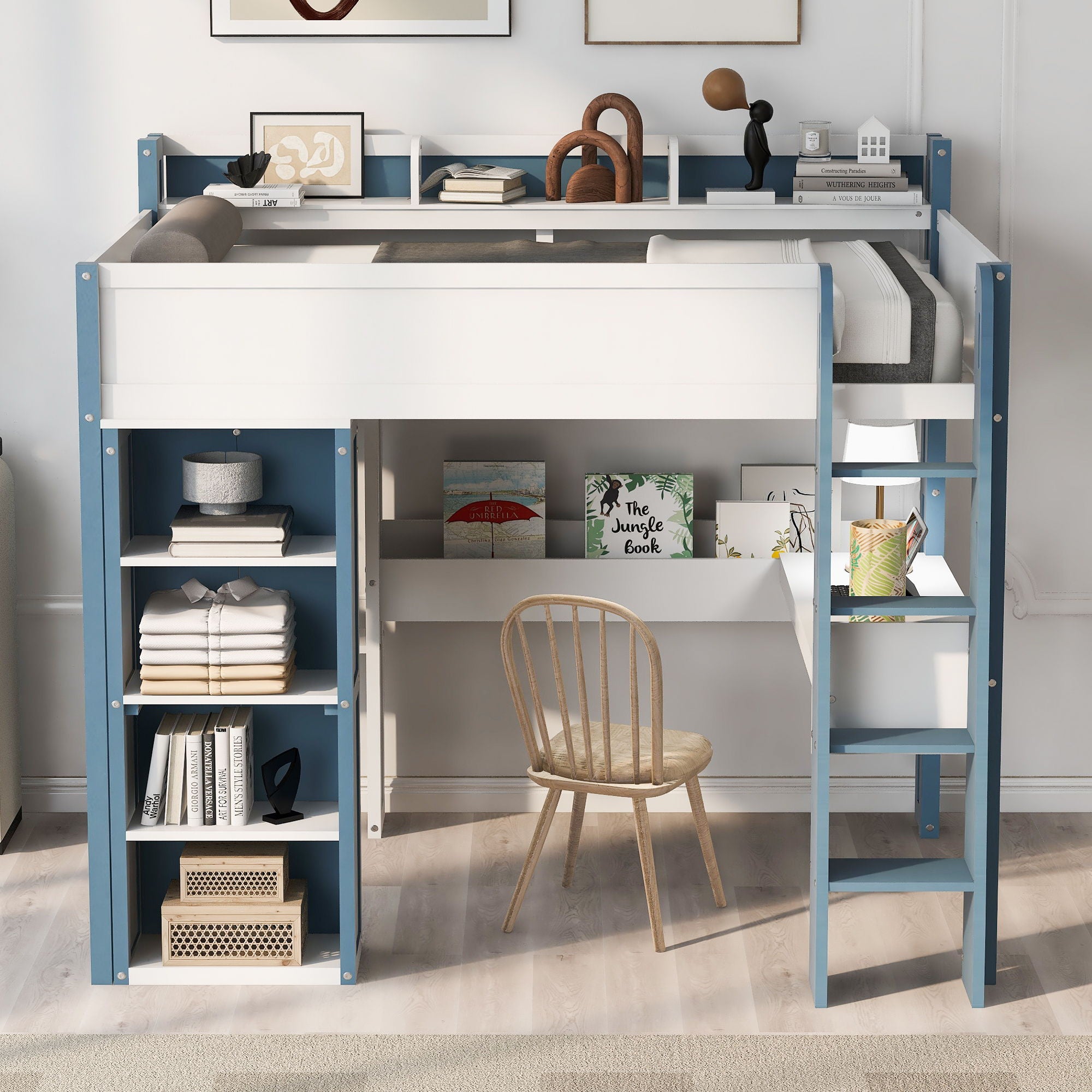 Loft Bed With Built In Storage Shelves, Clothes Rail, And Desk