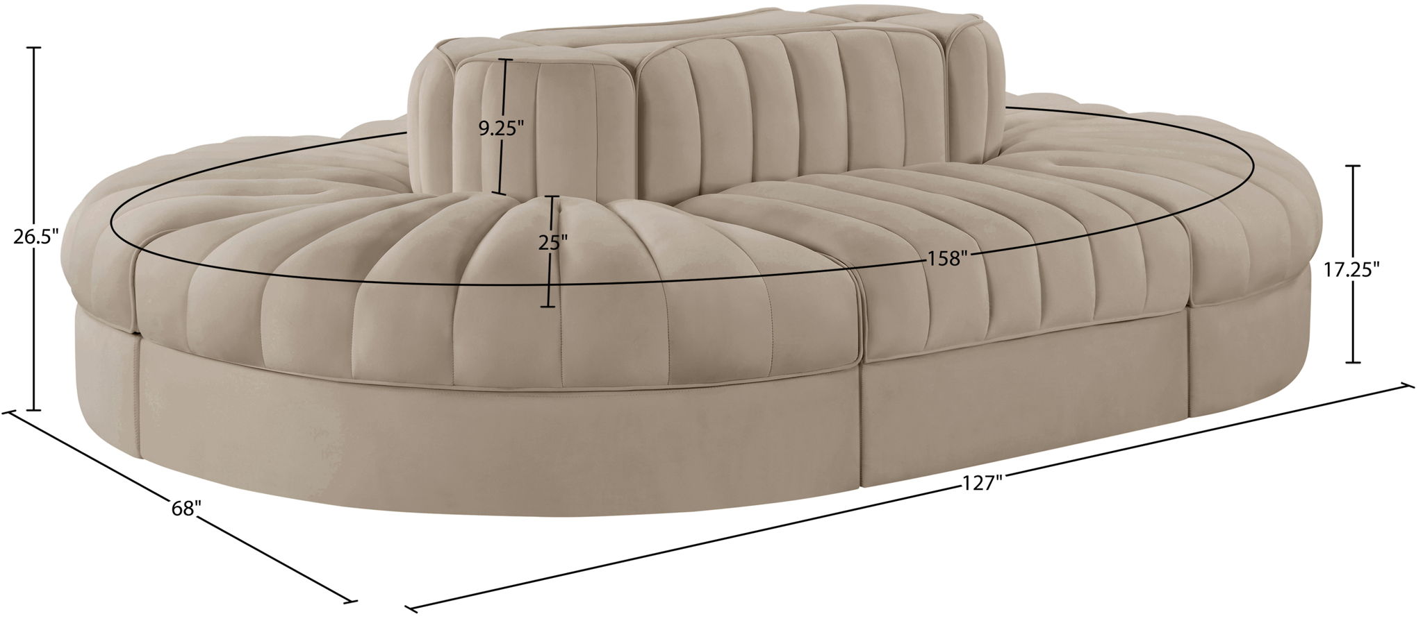 Rummi - Oval Velvet Performance Fabric Upholstered 6 Piece Modular Sectional