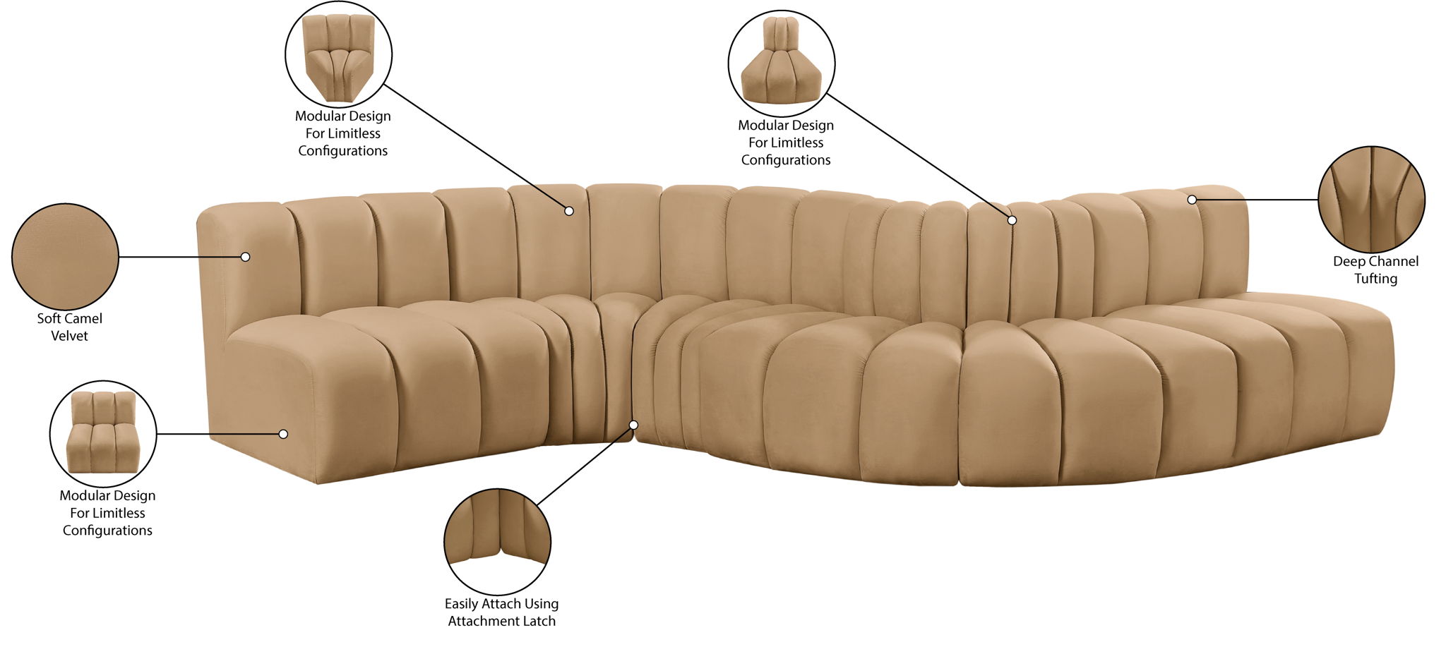 Arc - Velvet 6 Piece Curved Modular Sofa