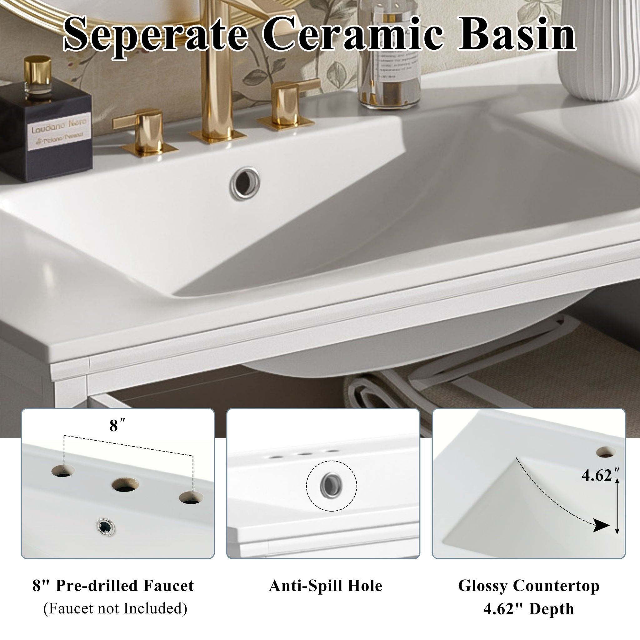 Modern Bathroom Vanity With Ceramic Sink, Tempered Blurred Glass Doors
