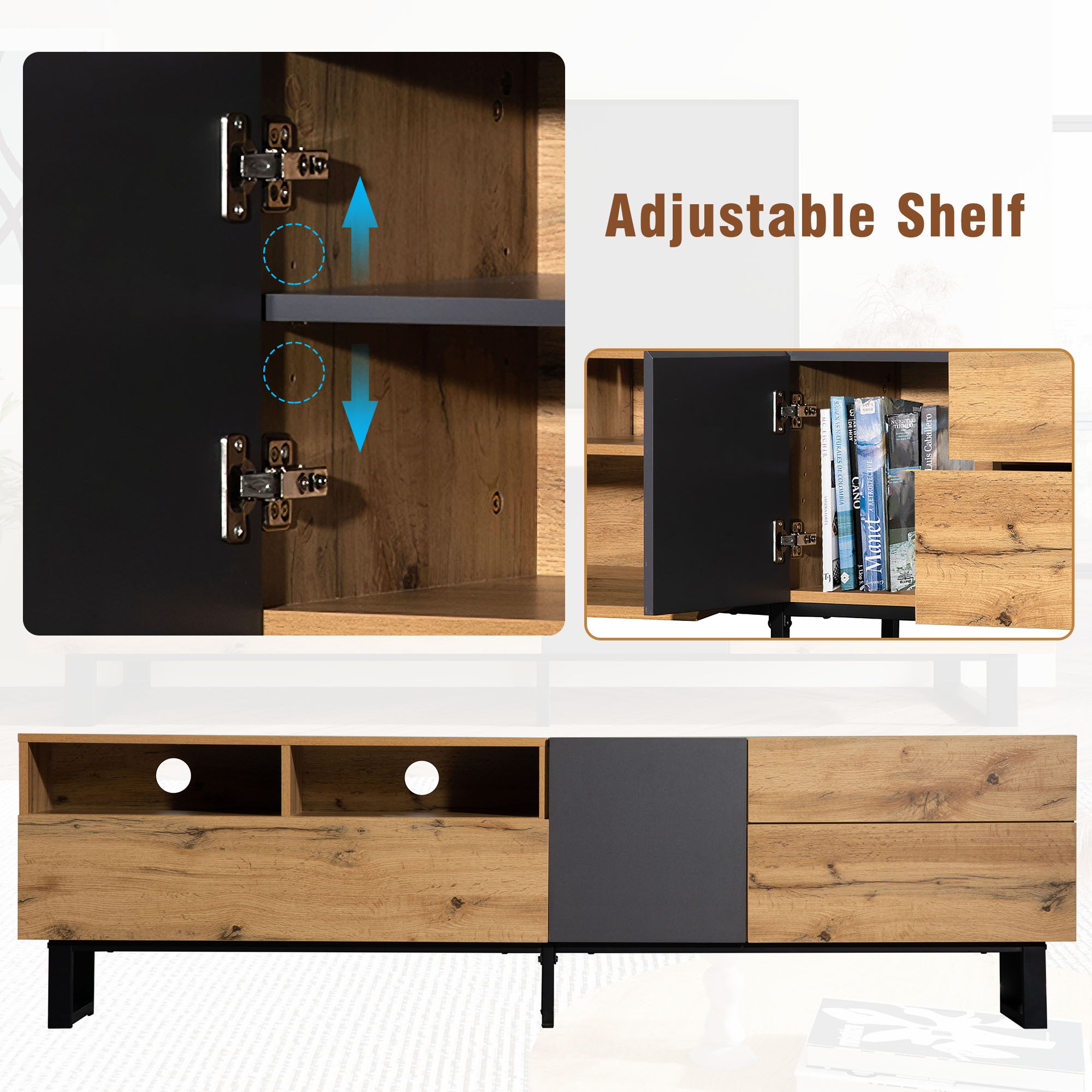 TV Stand For 80'' TV With Double Storage Space, Media Console Table With Drop Down Door