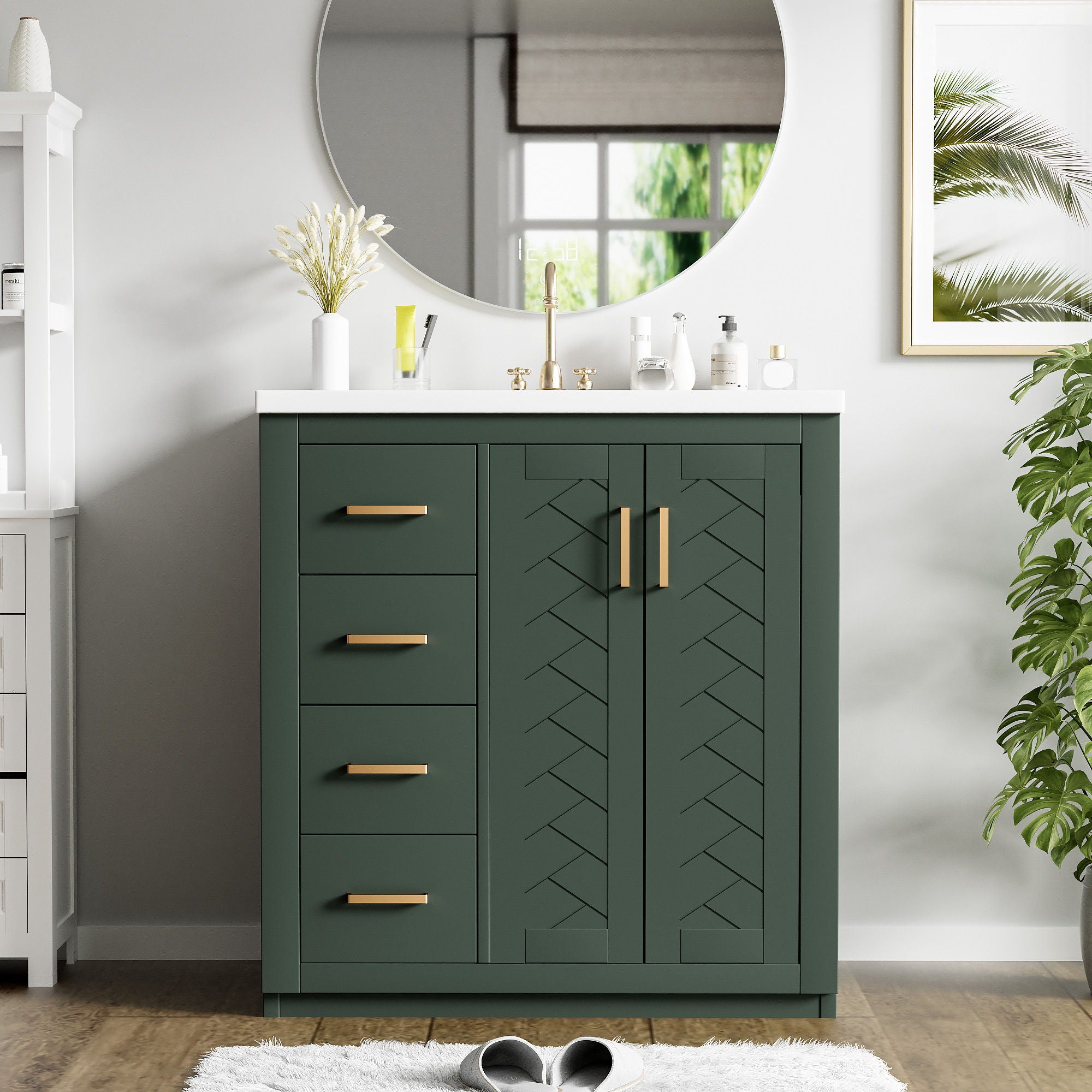 Ceramic Sink Combo, Freestanding Vanity Set With 3 Drawers & Soft Closing Doors