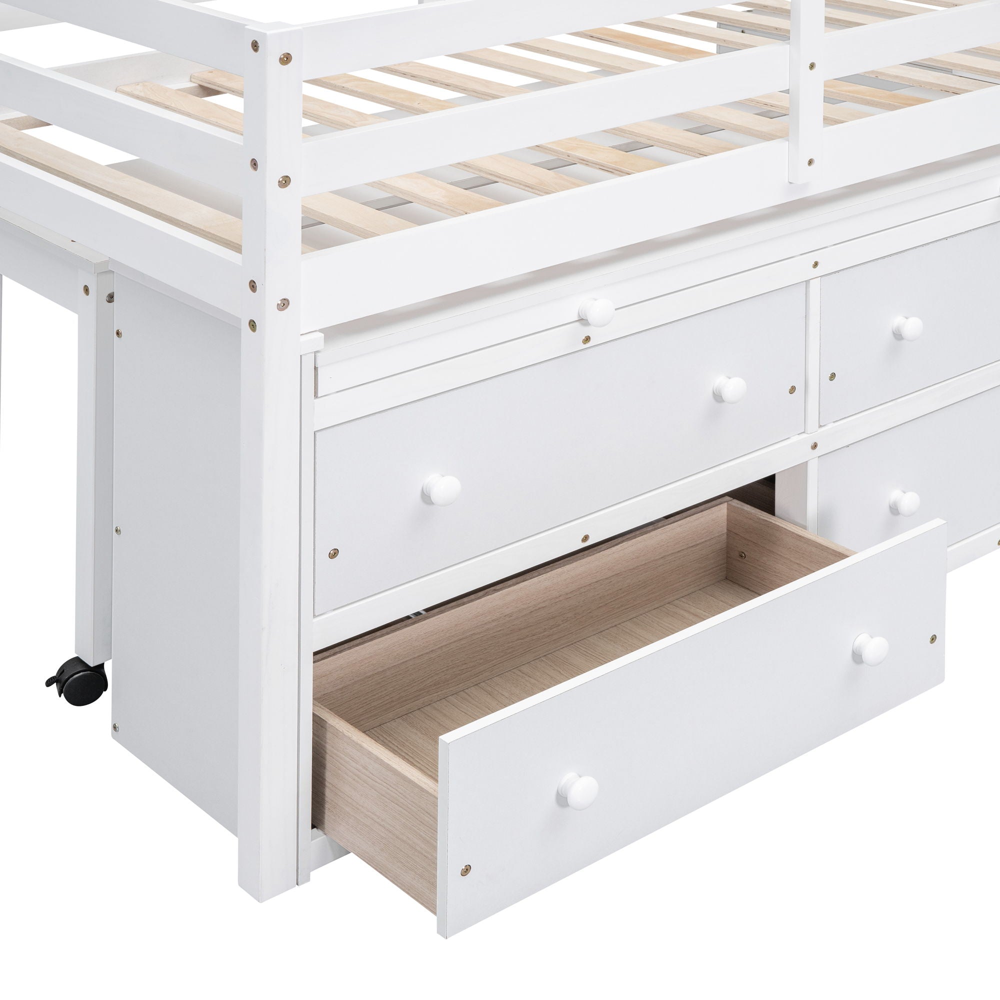 Loft Bed With Retractable Writing Desk And 4 Drawers, With Lateral Portable Desk And Shelves